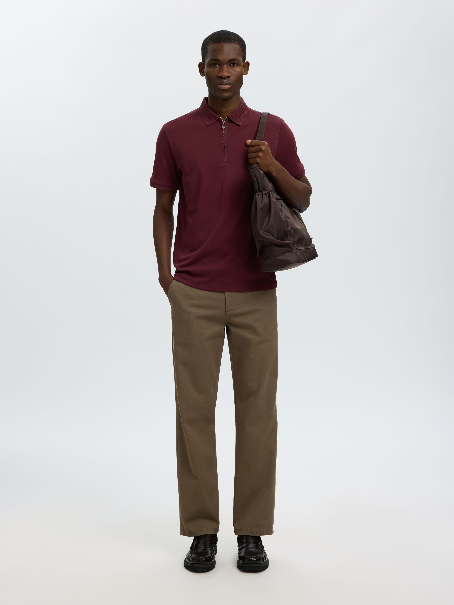ZIPPER KNITTED POLO SHIRT, Tawny Port, highres