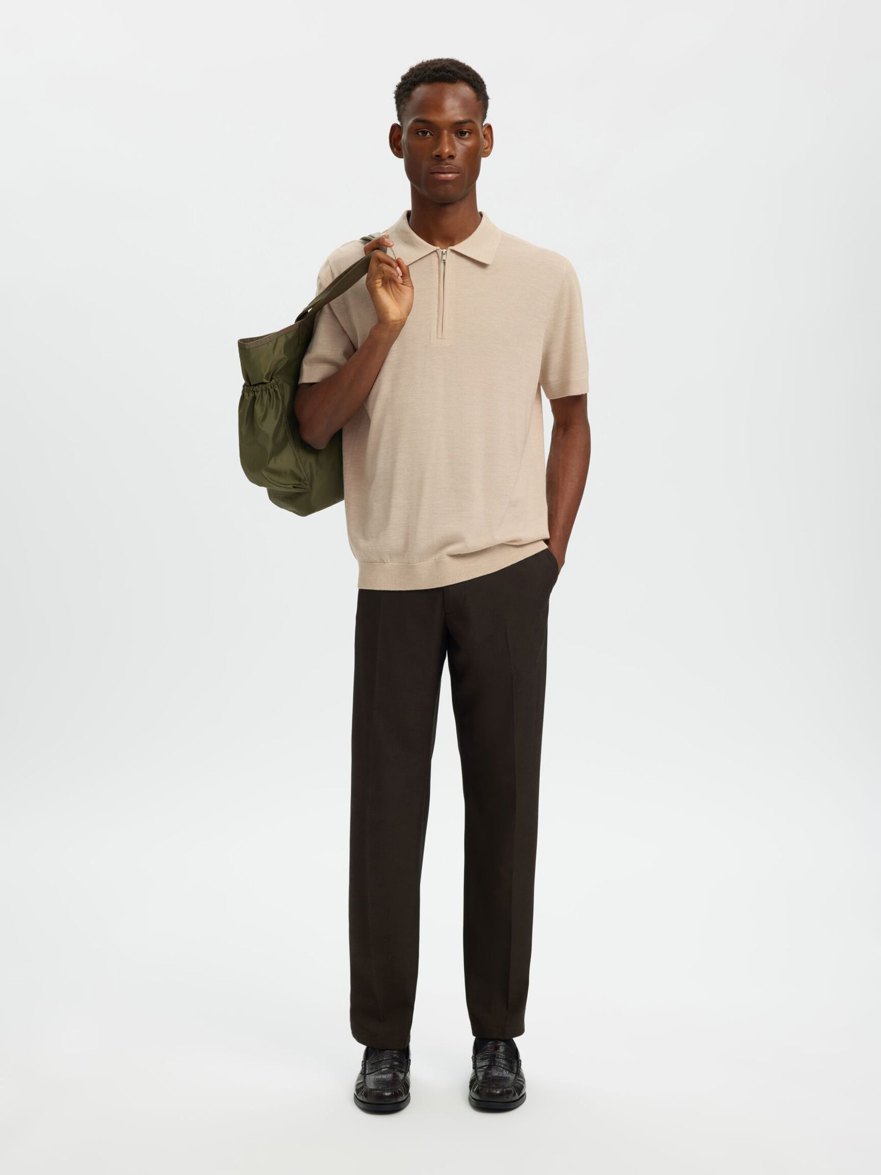 100% MERINOULL PIKÉTRÖJA, Oatmeal, highres