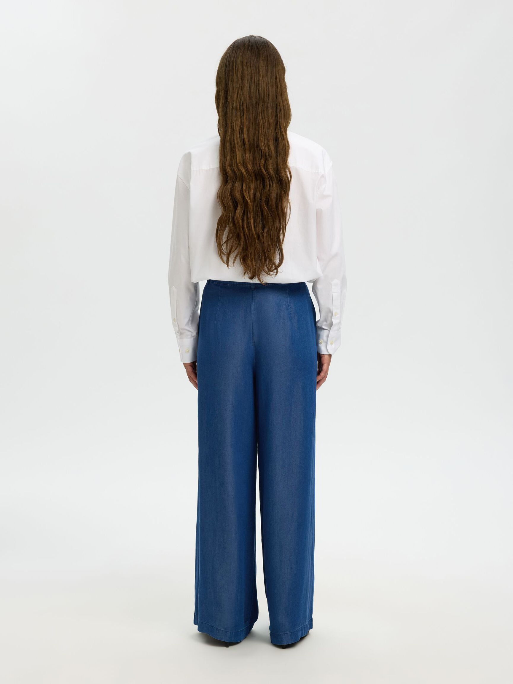 CHAMBRAY WIDE-LEG TROUSERS, Dark Blue, highres