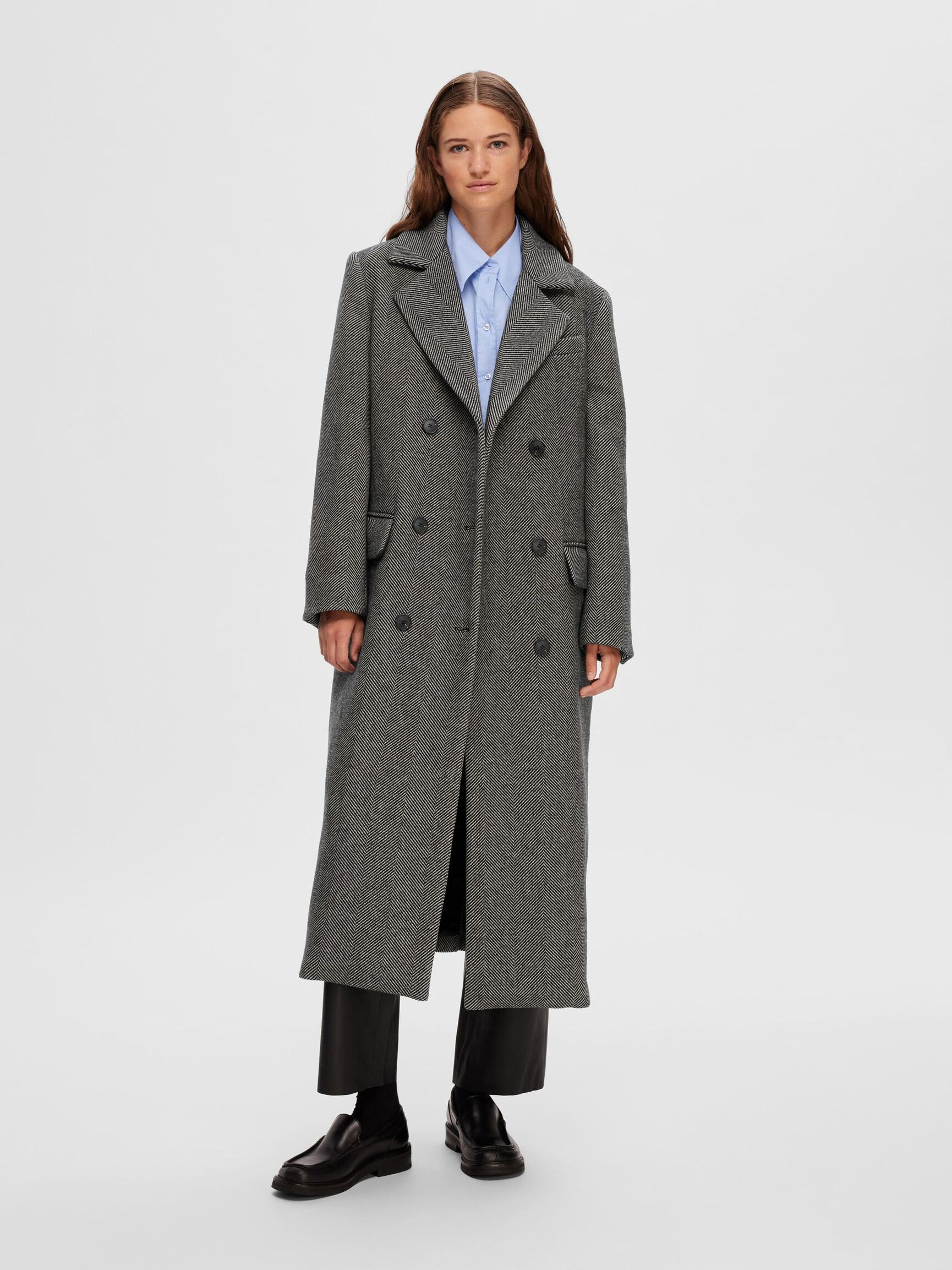 DOUBLE-BREASTED WOOL BLEND COAT, Black, highres