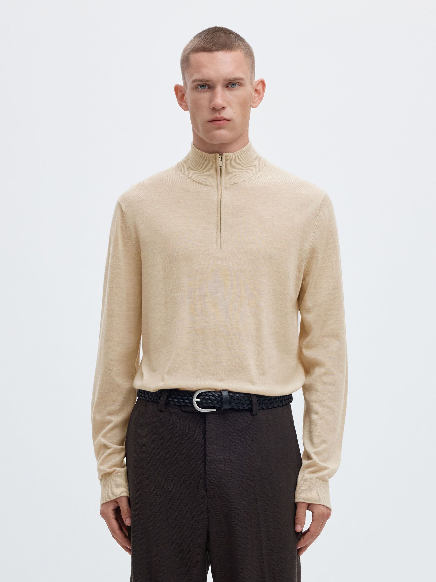SWETER Z KRÓTKIM ZAMKIEM, Oatmeal, highres