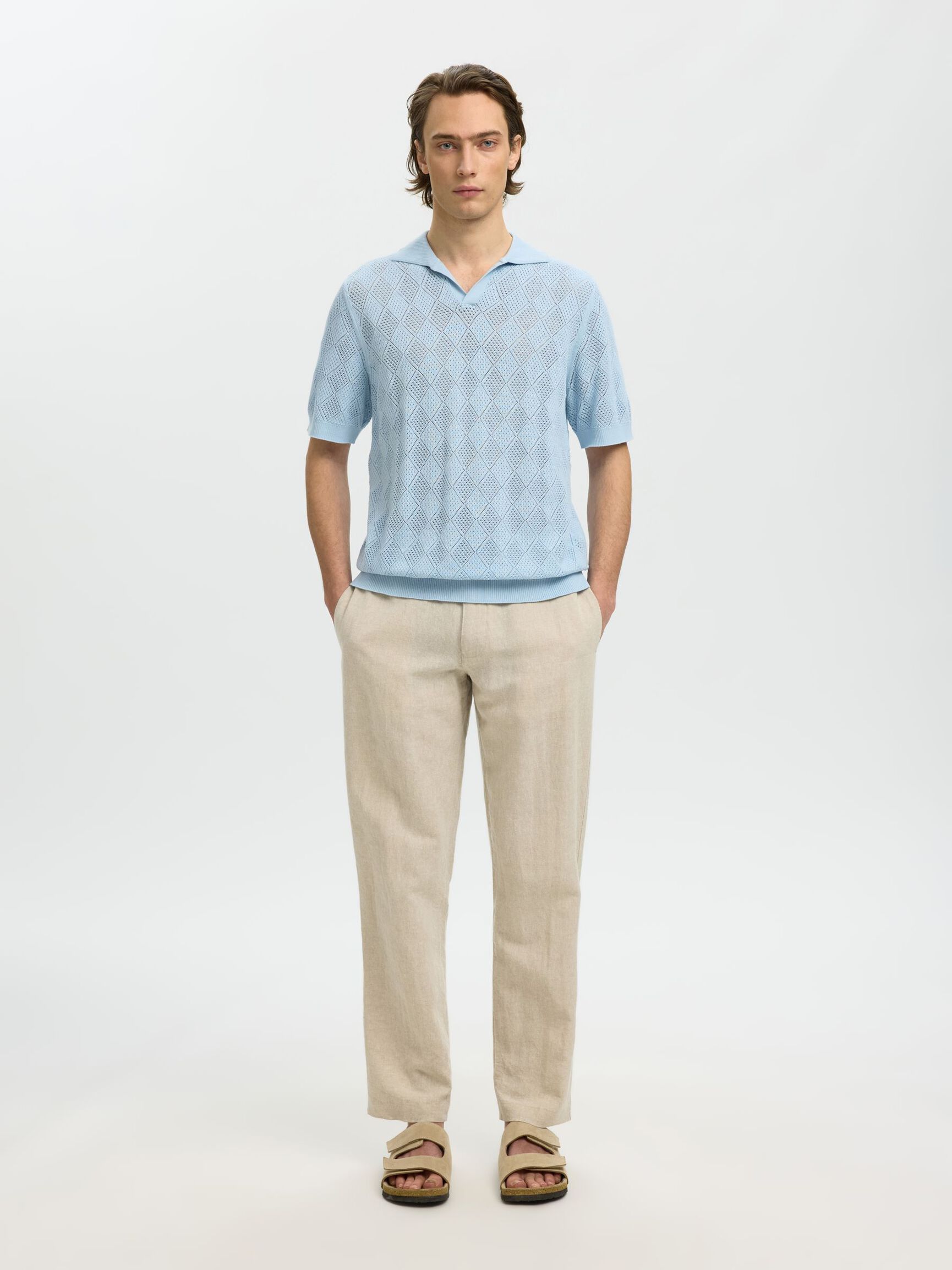 SHORT SLEEVED KNITTED POLO SHIRT, Cashmere Blue, highres