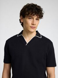 COTTON BLEND SPLIT NECK POLO SHIRT, Black, highres