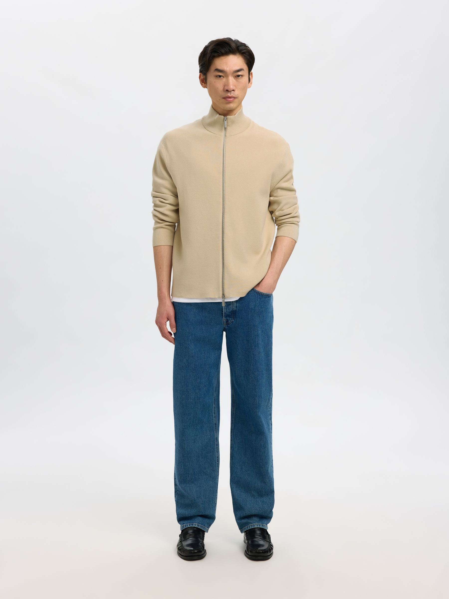 RELAXED FIT STRICKJACKE, Oatmeal, highres