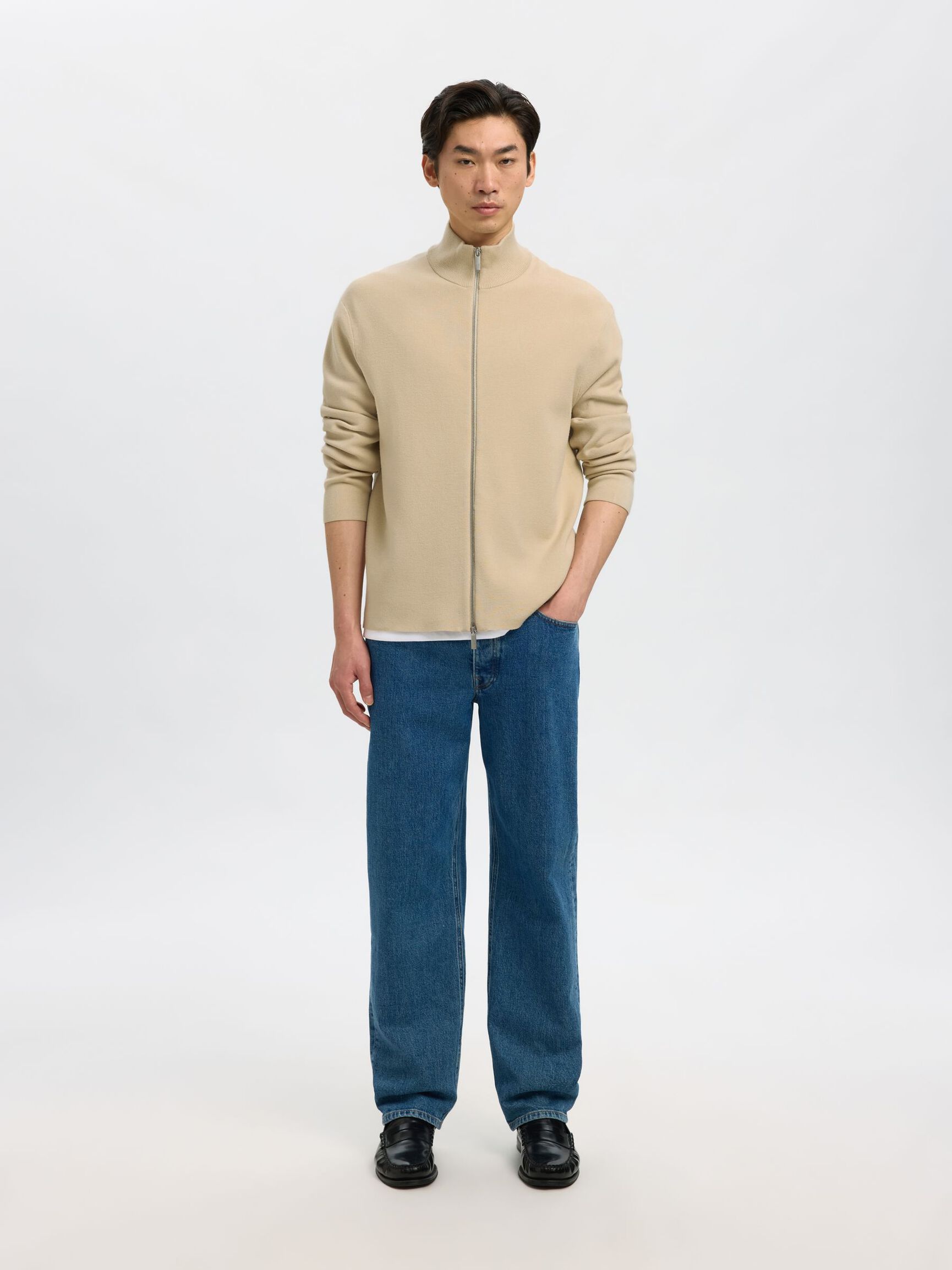 RELAXED FIT STRICKJACKE, Oatmeal, highres