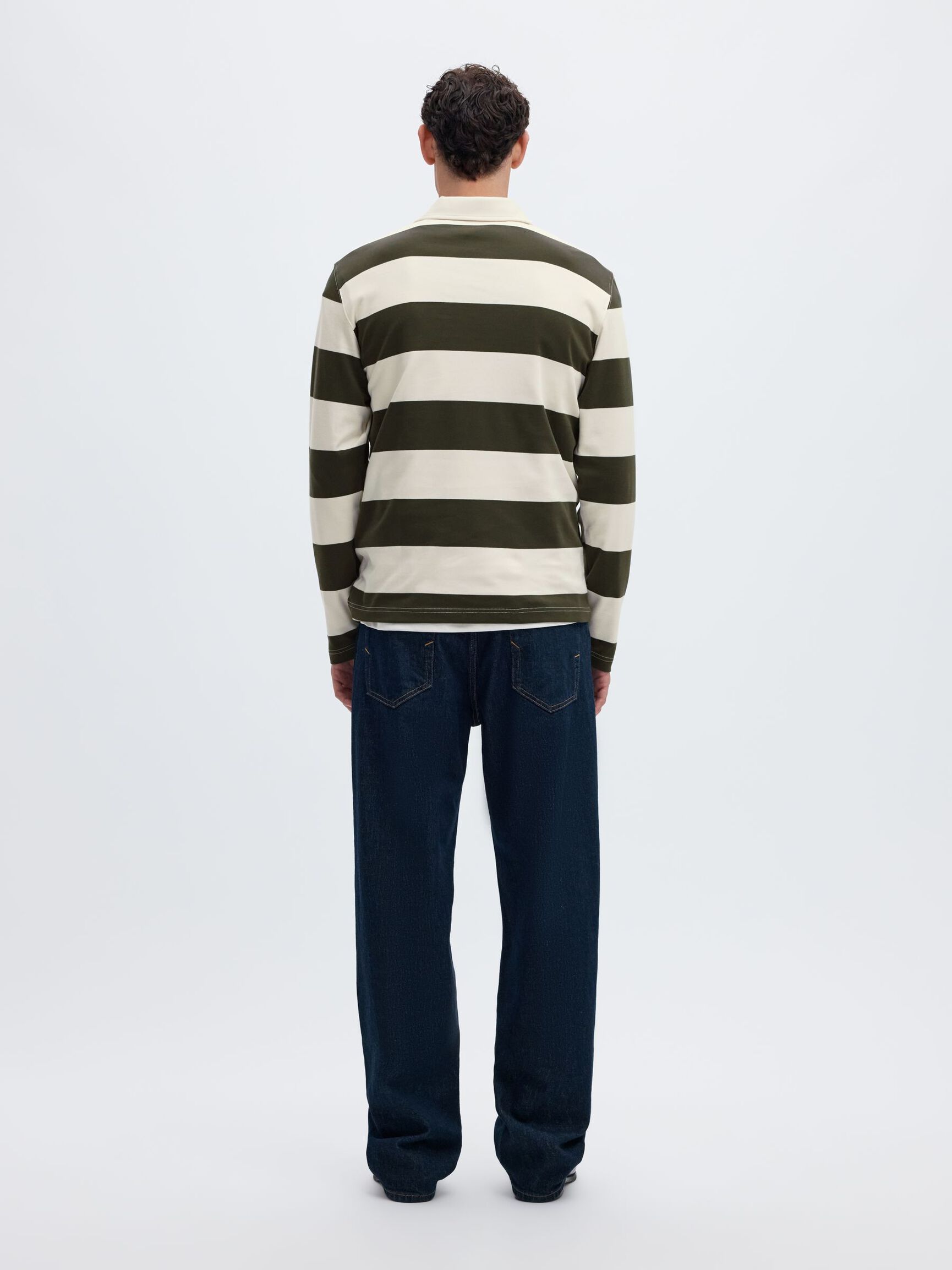 STRIPED COTTON LONG-SLEEVED POLO, Forest Night, highres