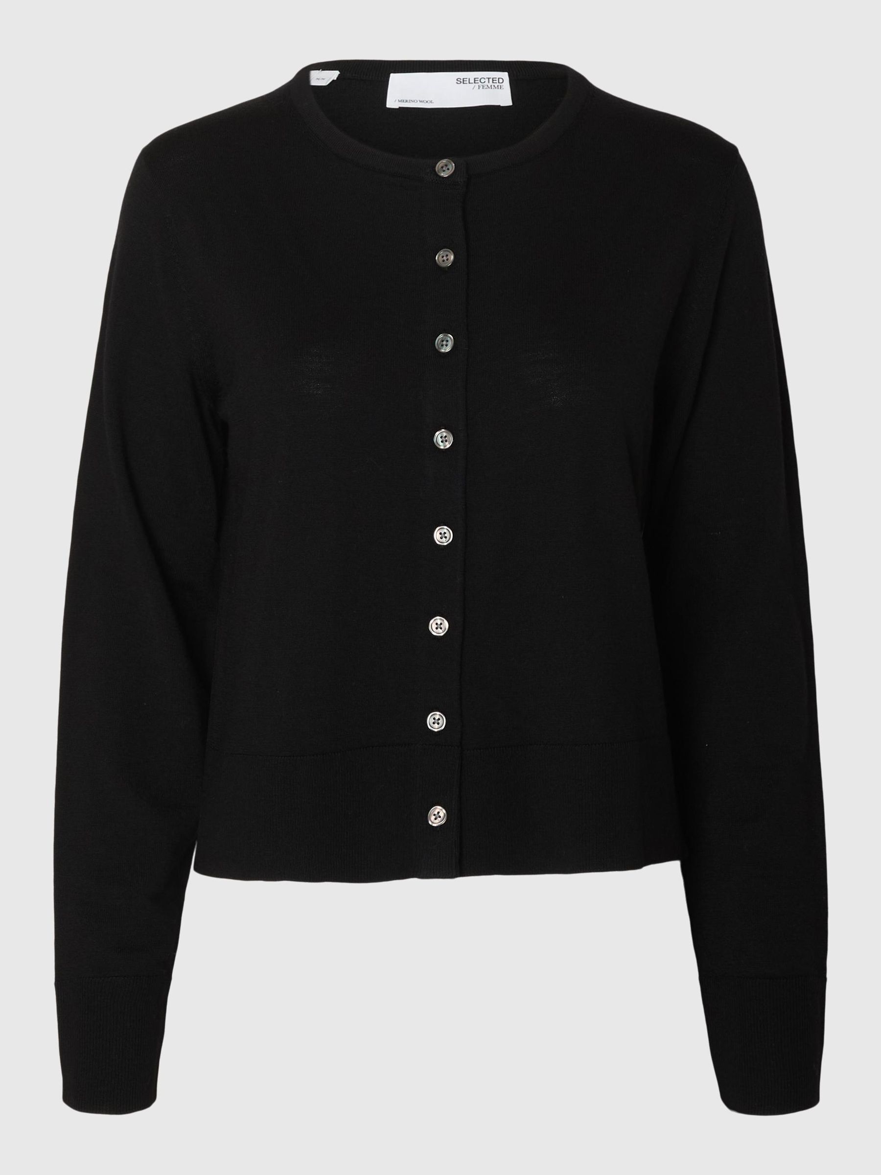 100% MERINO WOOL KNITTED CARDIGAN, Black, highres