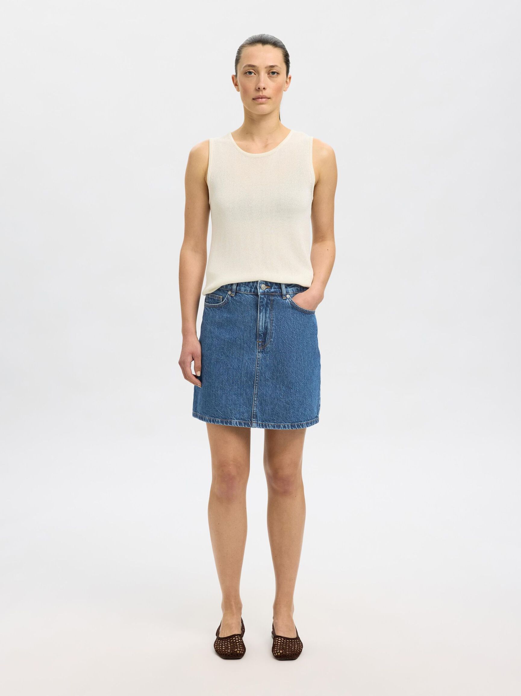 HIGH WAIST DENIM ROK, Medium Blue Denim, highres