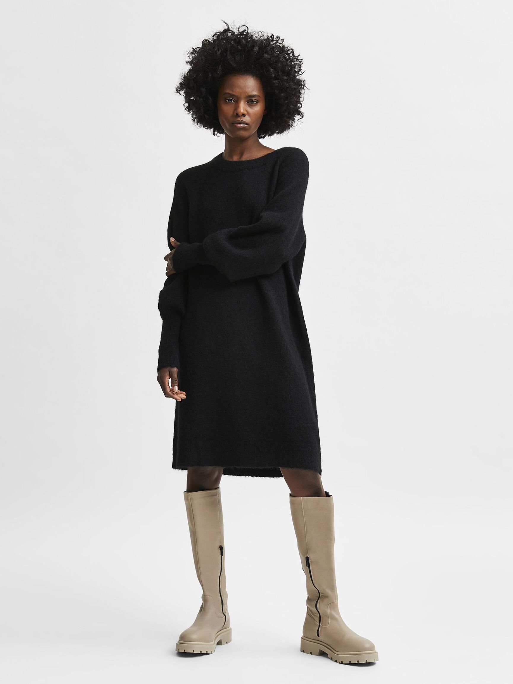 LONG SLEEVED KNITTED DRESS, Black, highres