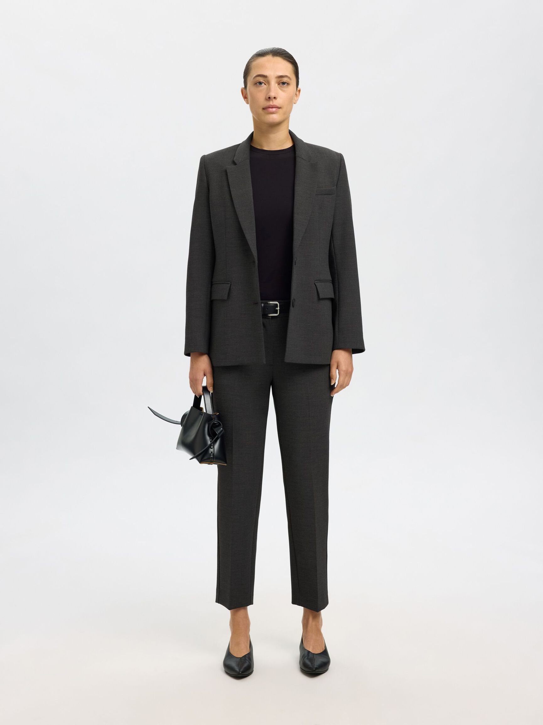 VISCOSE BLEND CROPPED TAPERED TROUSERS, Dark Grey Melange, highres