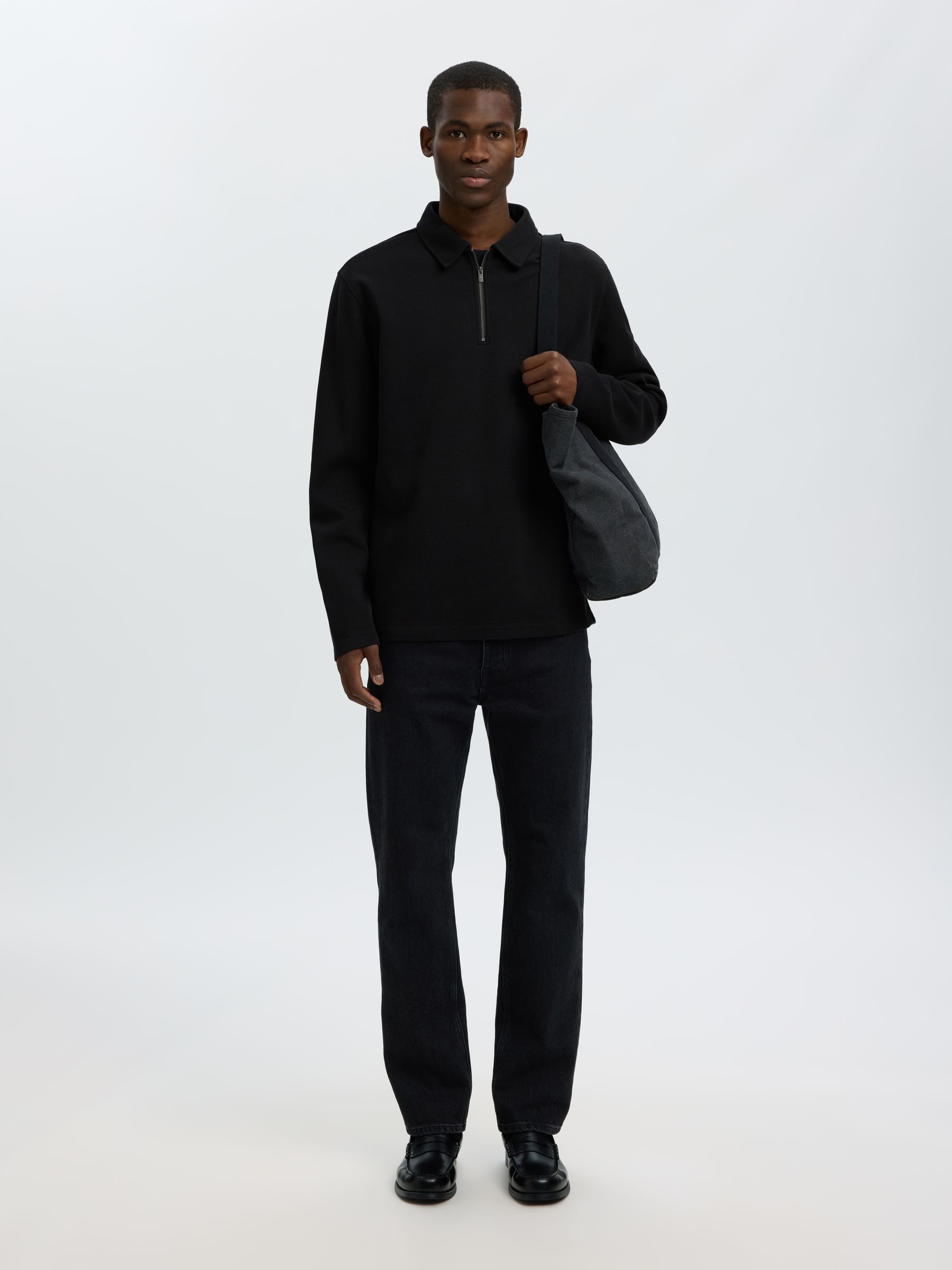 CÔTELÉ AVEC DEMI-FERMETURE ÉCLAIR POLO À MANCHES LONGUES, Black, highres