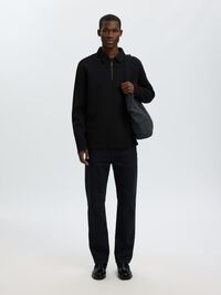 CÔTELÉ AVEC DEMI-FERMETURE ÉCLAIR POLO À MANCHES LONGUES, Black, highres