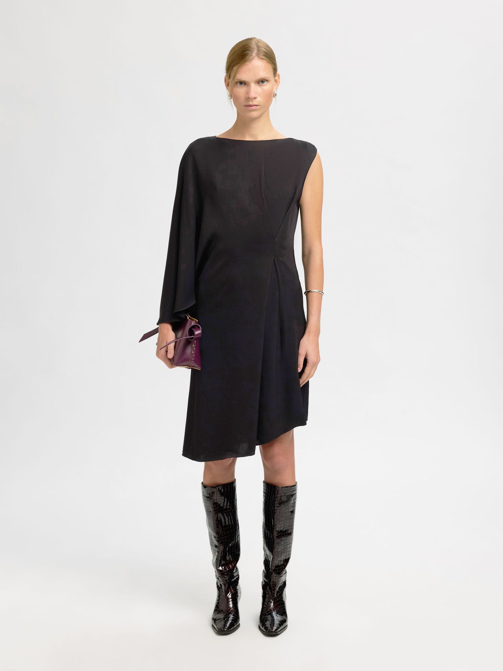 ASYMMETRIC VISCOSE ONE-SHOULDER DRESS, Black, highres