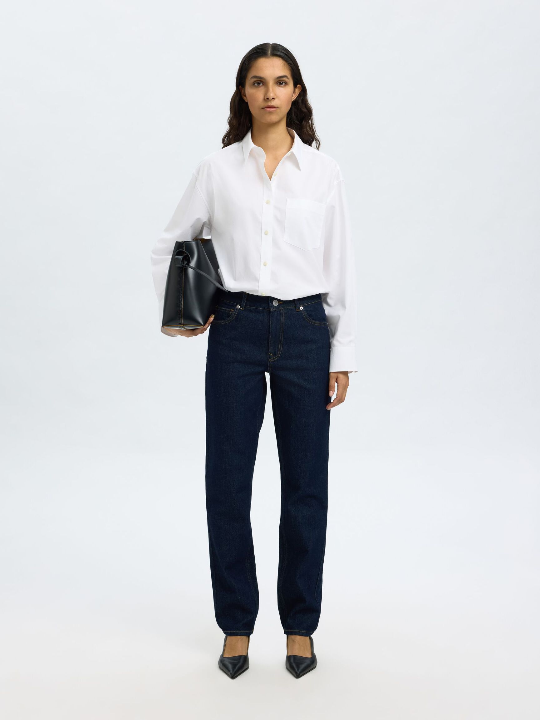 MID WAIST SLIM TAPERED-FIT JEANS, Dark Blue Denim, highres