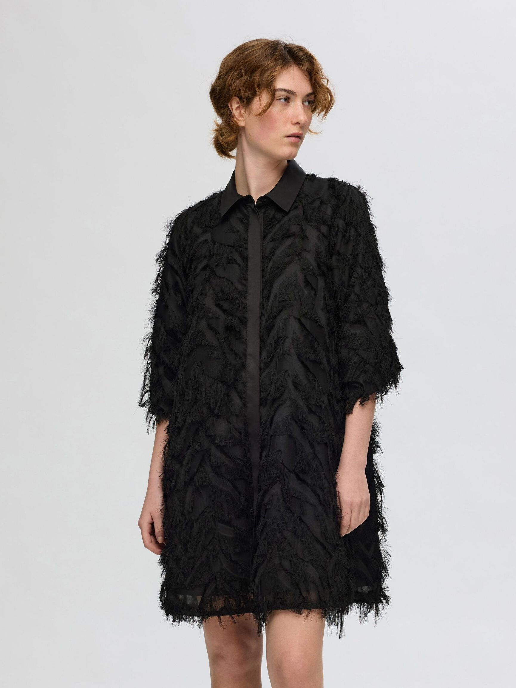TEXTURIERTES BLUSENKLEID, Black, highres