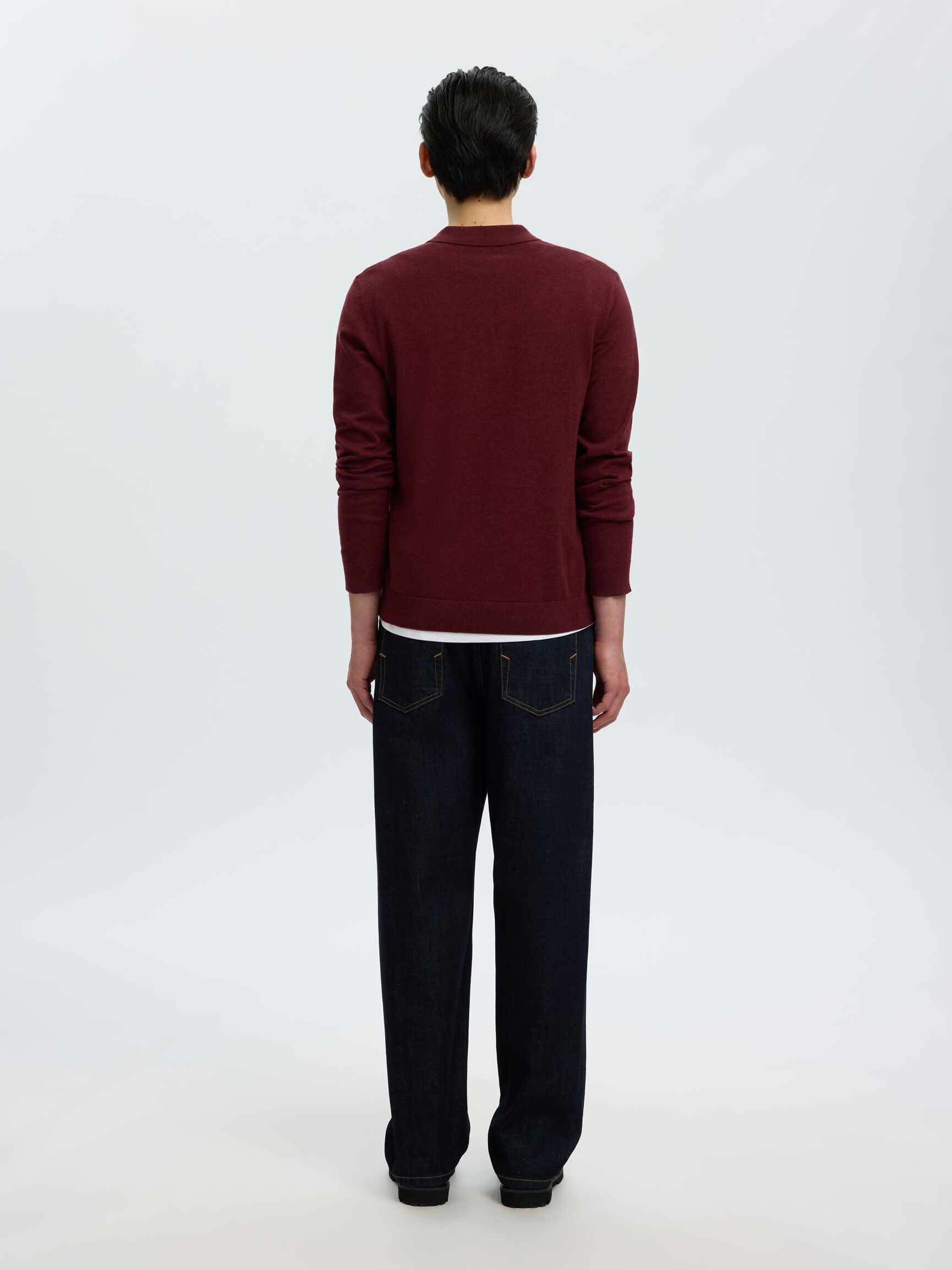 KNITTED LONG-SLEEVED POLO SHIRT, Tawny Port, highres