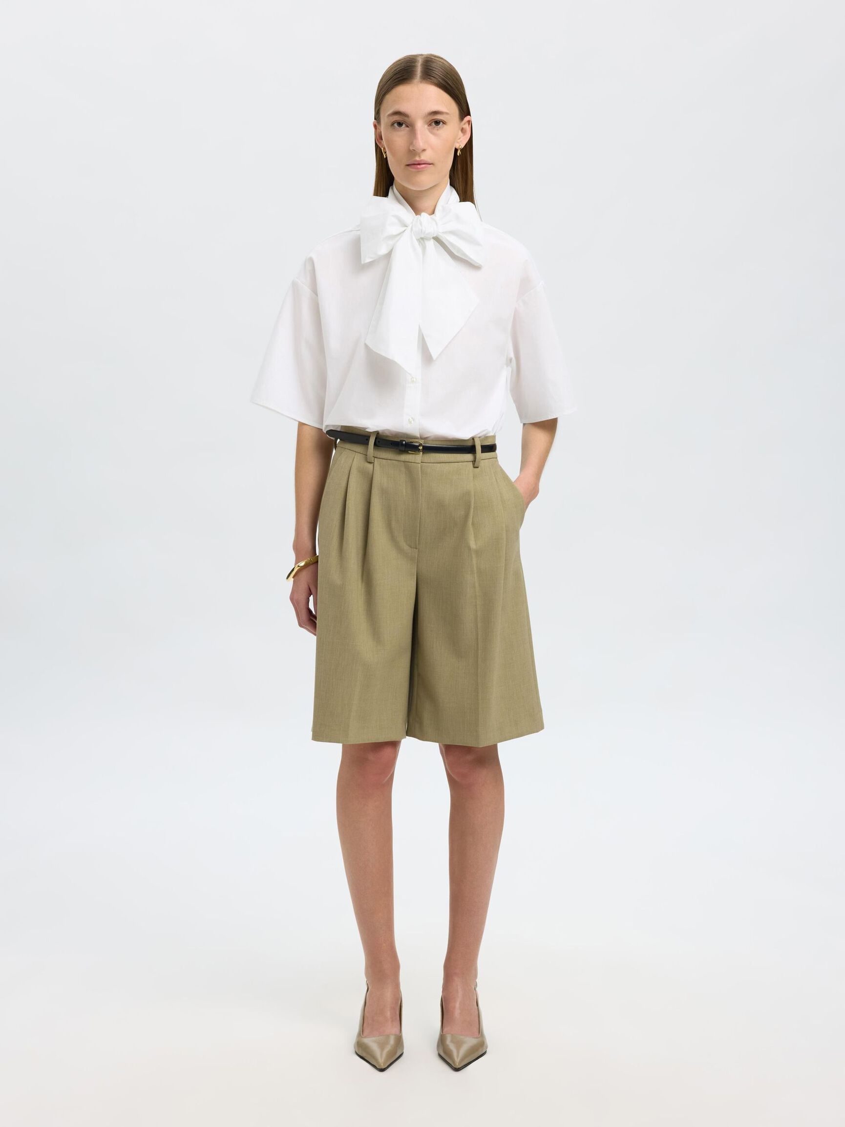 COTTON BOW SHORT SLEEVED SHIRT, Bright White, highres