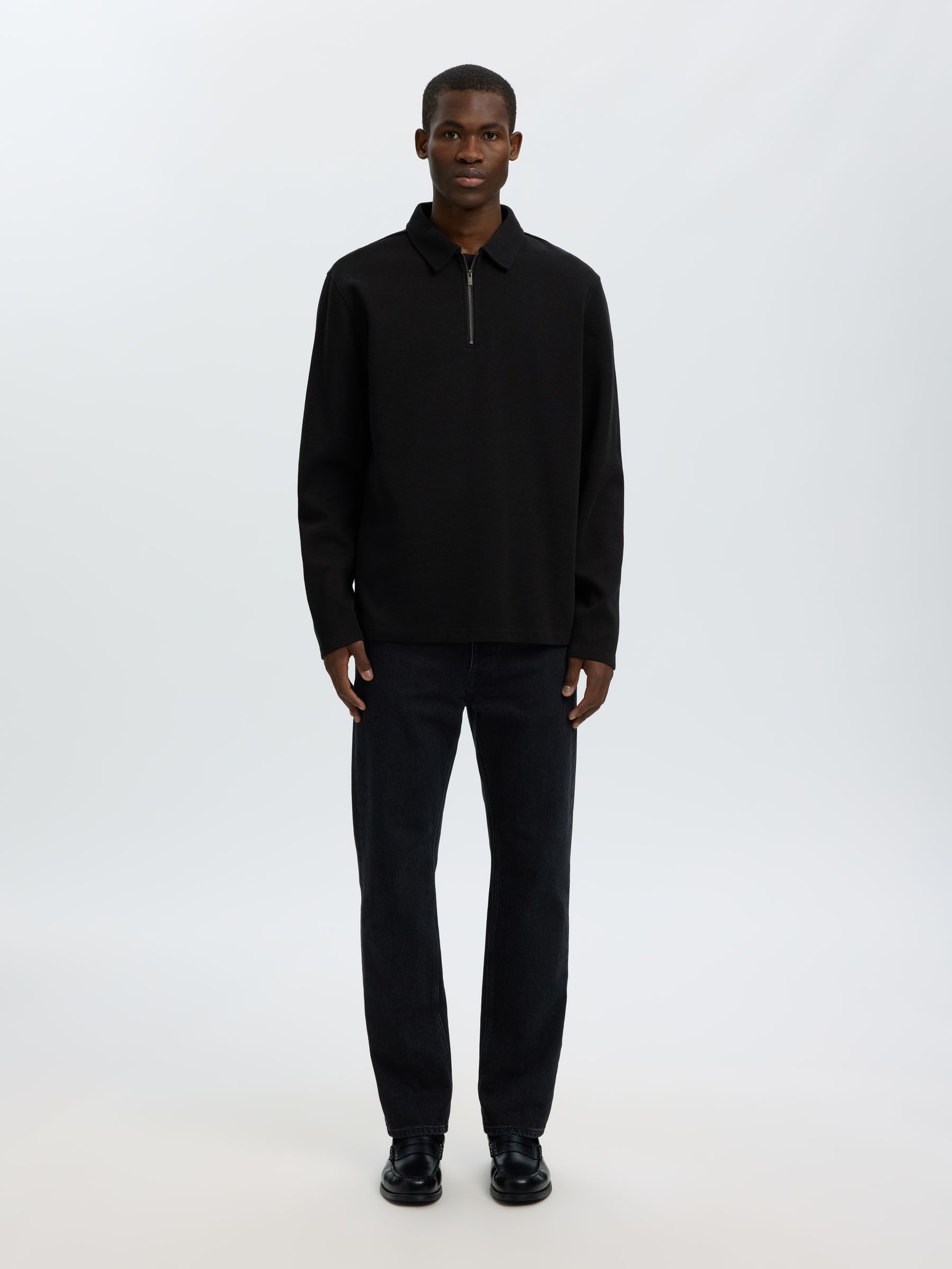 RIBBED HALF ZIP LONG-SLEEVED POLO, Black, highres