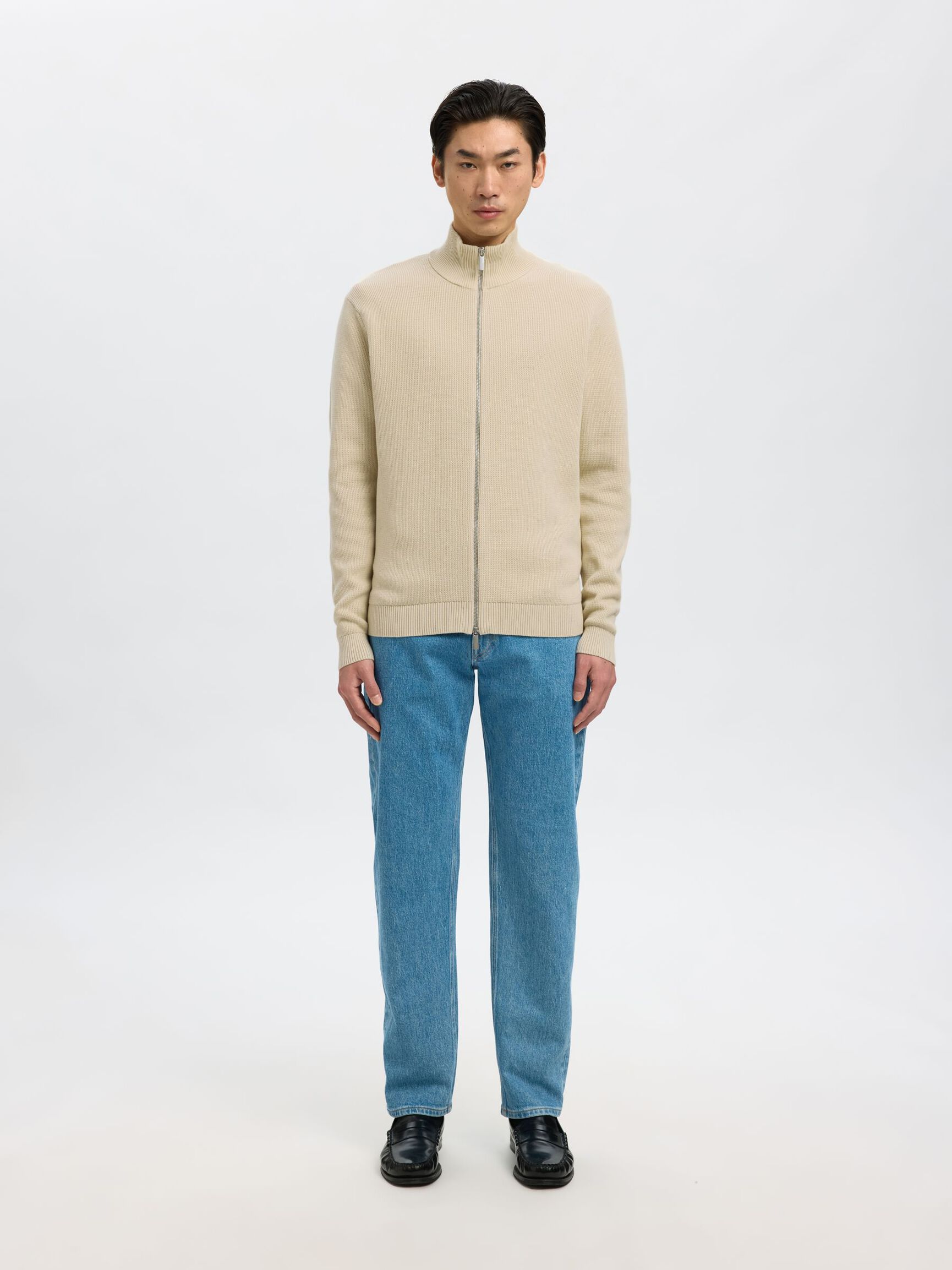 ZIPPED HIGH NECK KNITTED CARDIGAN, Oatmeal, highres