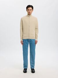 ZIPPED HIGH NECK KNITTED CARDIGAN, Oatmeal, highres