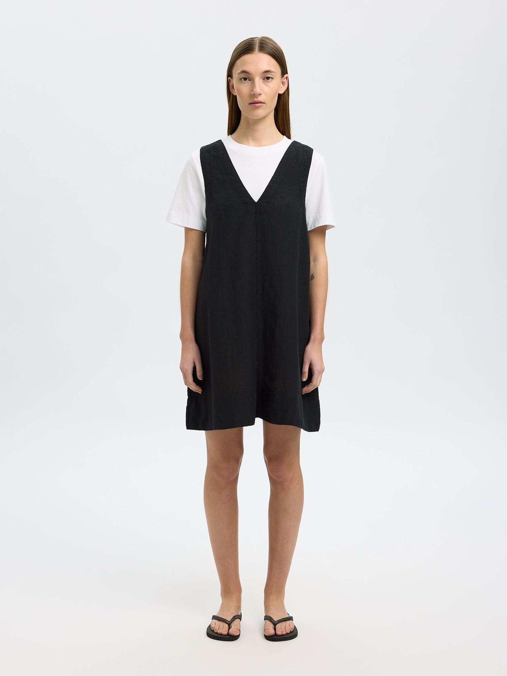 100% LEINEN KLEID OHNE ÄRMEL, Black, highres