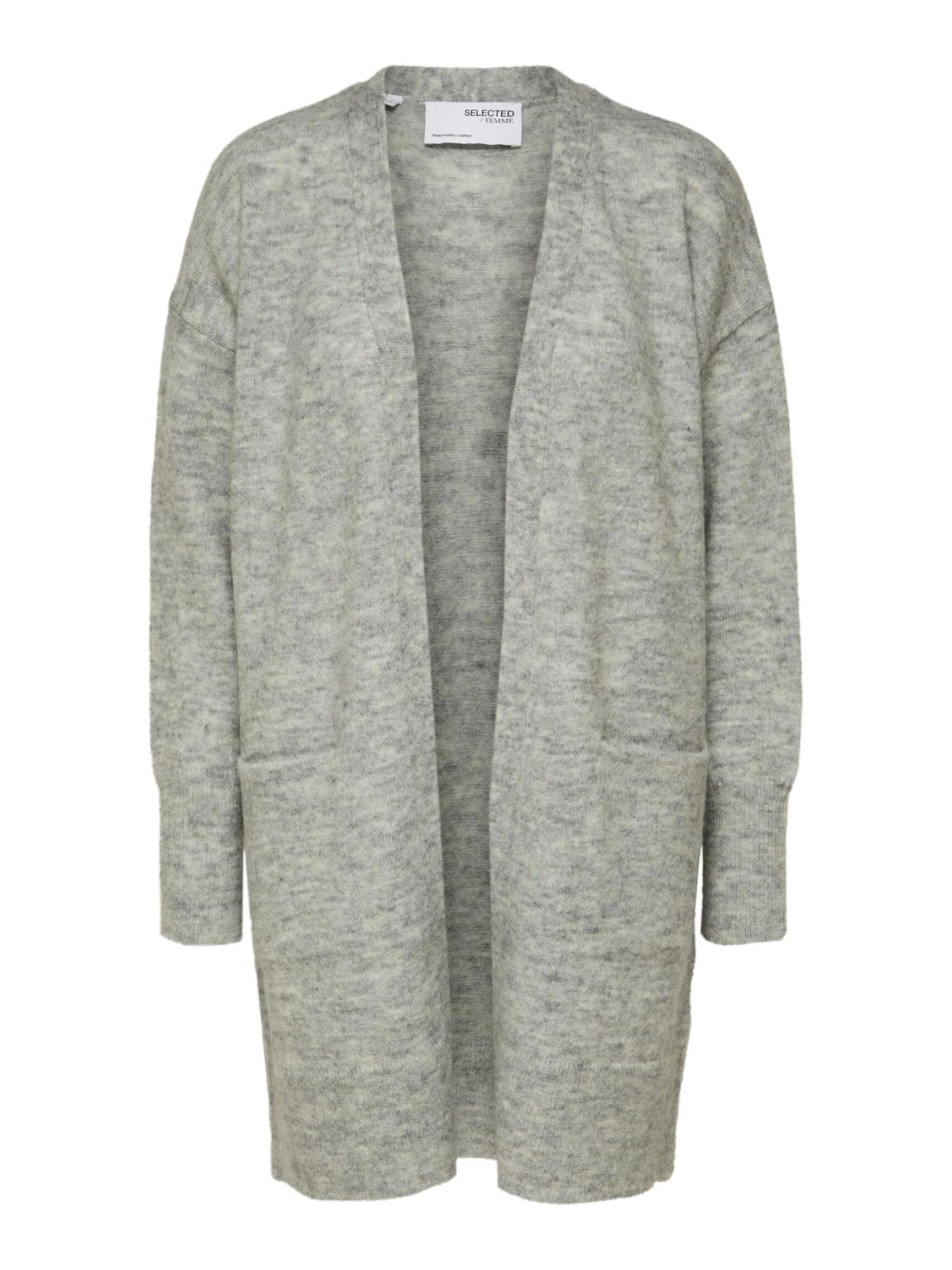 LONG KNITTED CARDIGAN, Light Grey Melange, highres