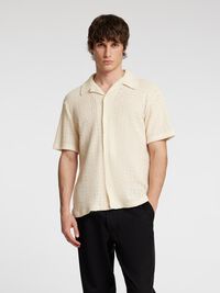 GEBREID JACQUARD OVERHEMD MET KORTE MOUWEN, Egret, highres