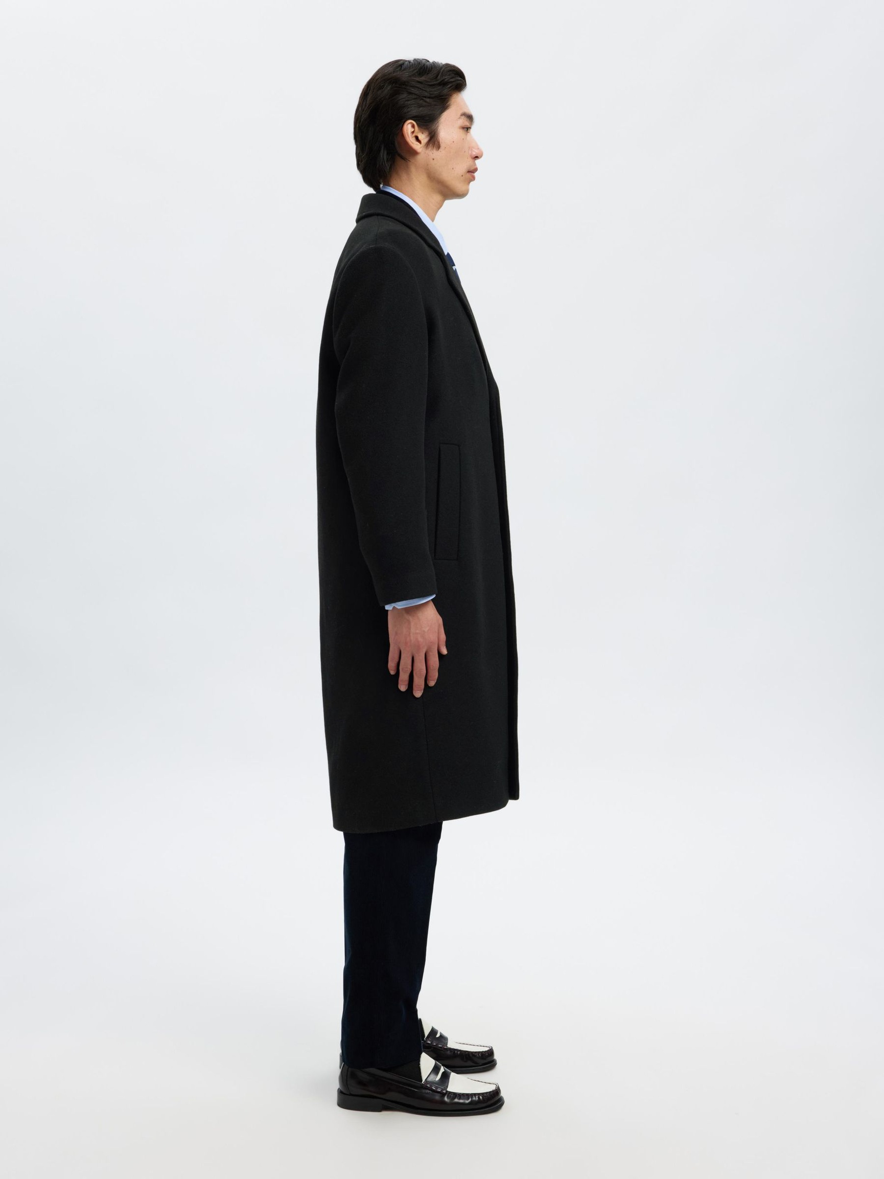 WOOL BLEND LONG COAT, Black, highres
