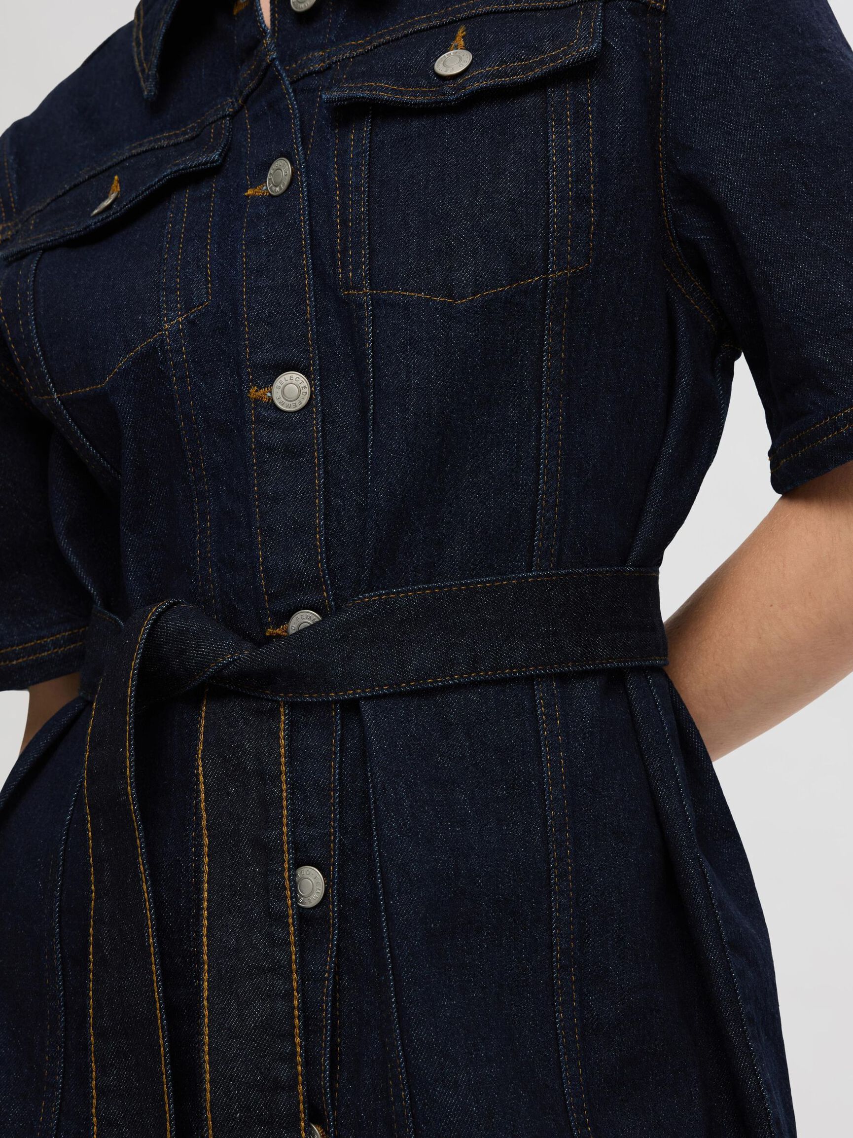 SHORT SLEEVED DENIM DRESS, Dark Blue Denim, highres