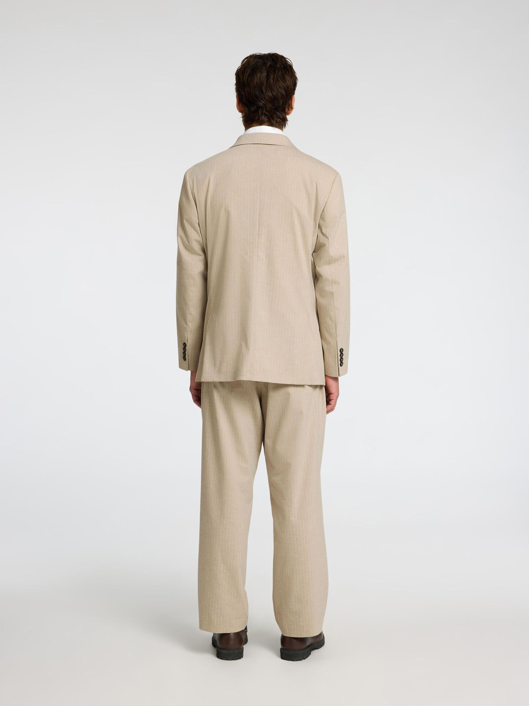 RELAXED FIT PINSTRIPE DOUBLE-BREASTED BLAZER, Sand, highres