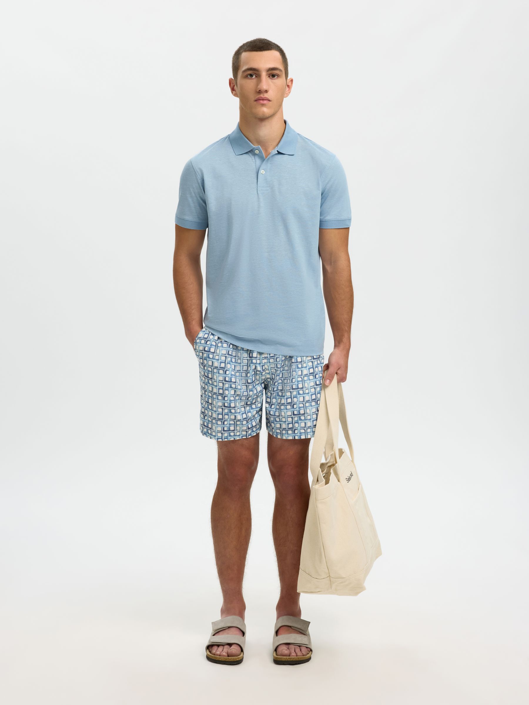 LINEN BLEND POLO SHIRT, Dusty Blue, highres