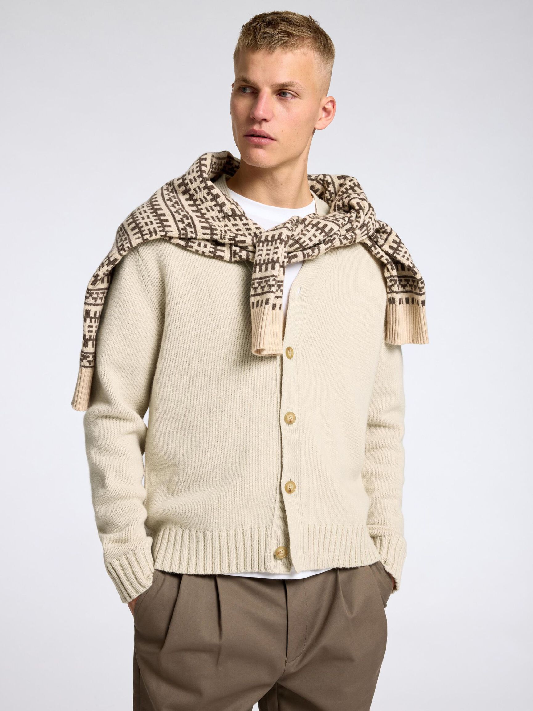 RELAXED FIT WOOL BLEND CARDIGAN, Oatmeal, highres