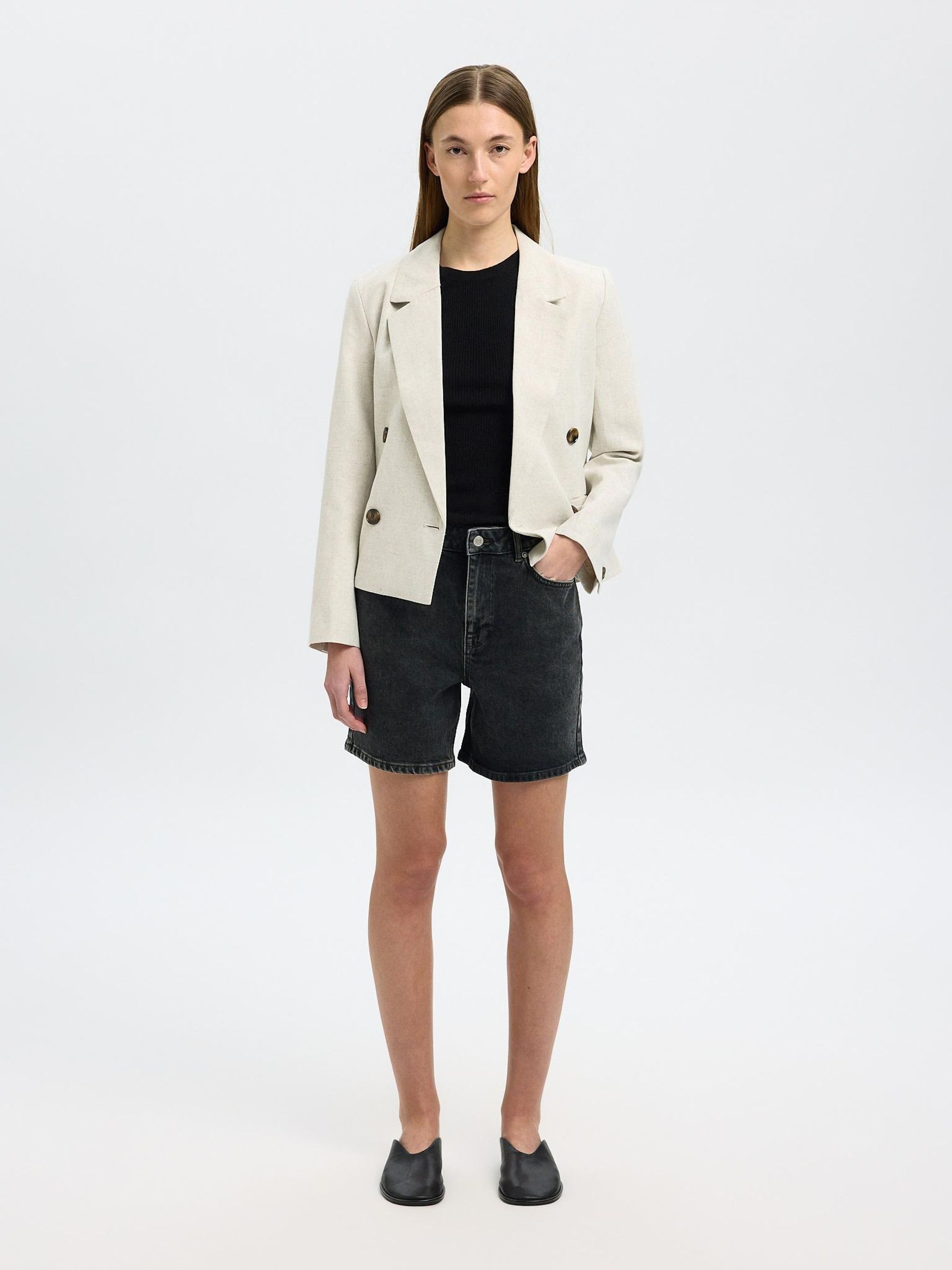 HØJTALJEDE SORTE DENIMSHORTS, Black Denim, highres