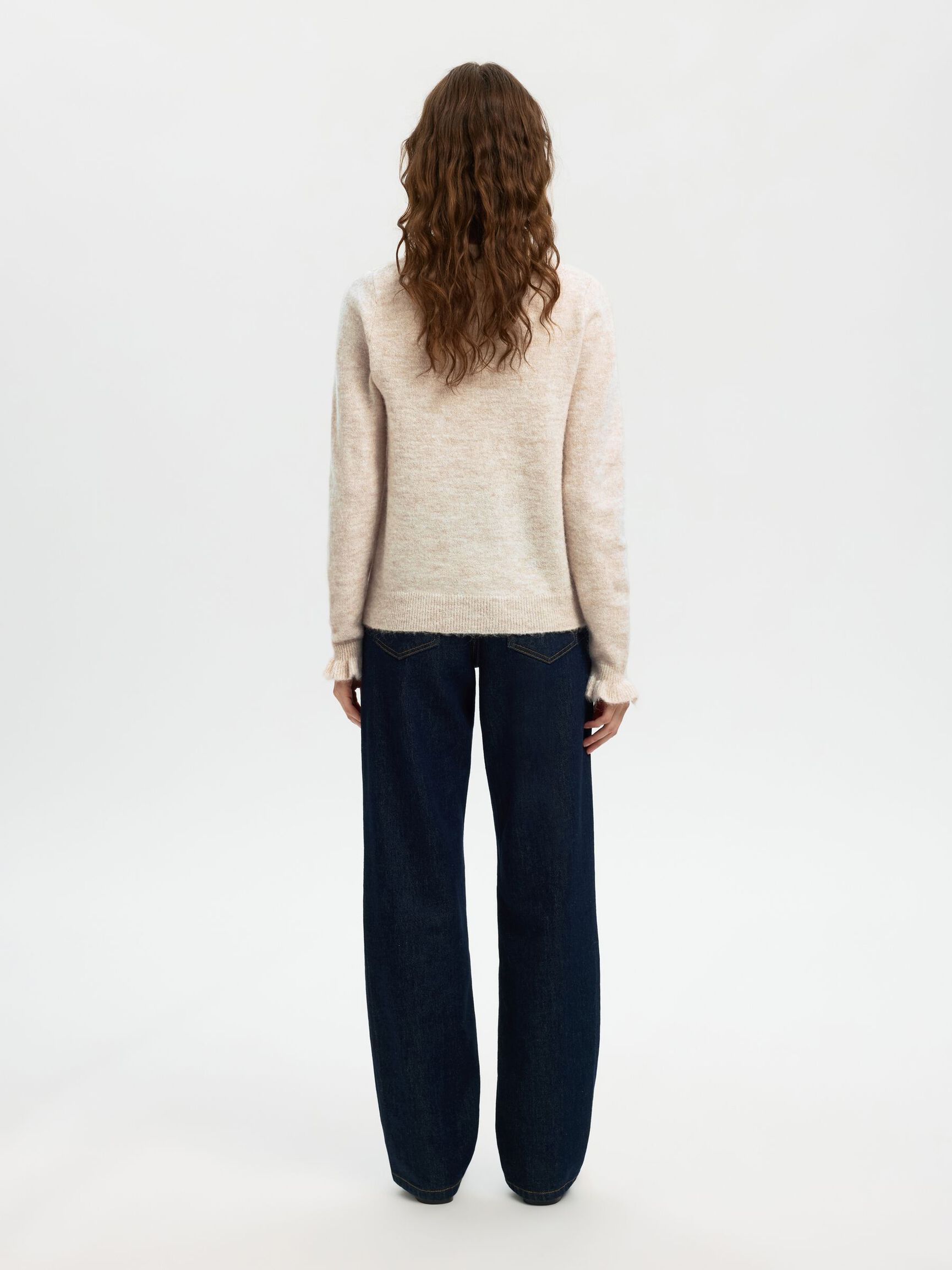 WOOL BLEND RUFFLED SLEEVE PULLOVER, Birch, highres