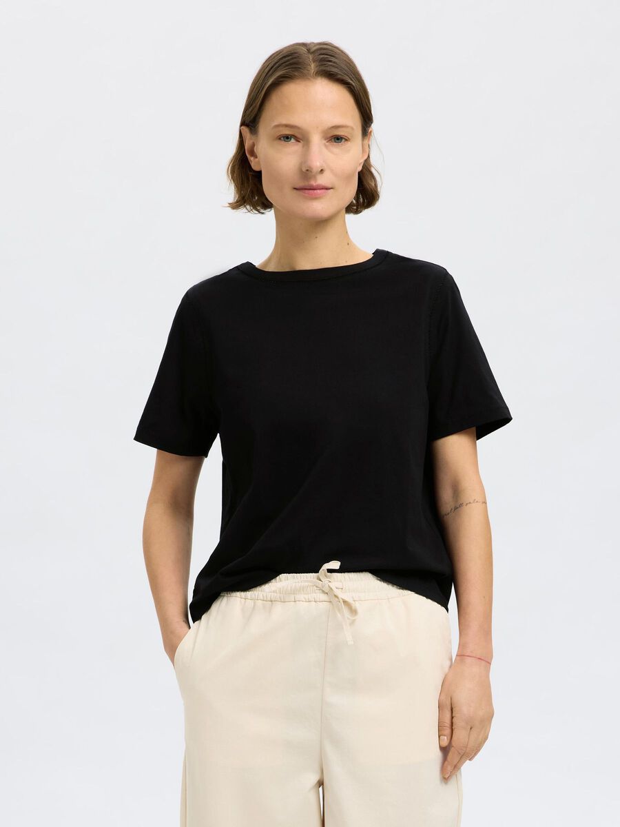 Selected 100% COTTON DETAILED T-SHIRT, Black, highres - 16097834_Black_003.jpg