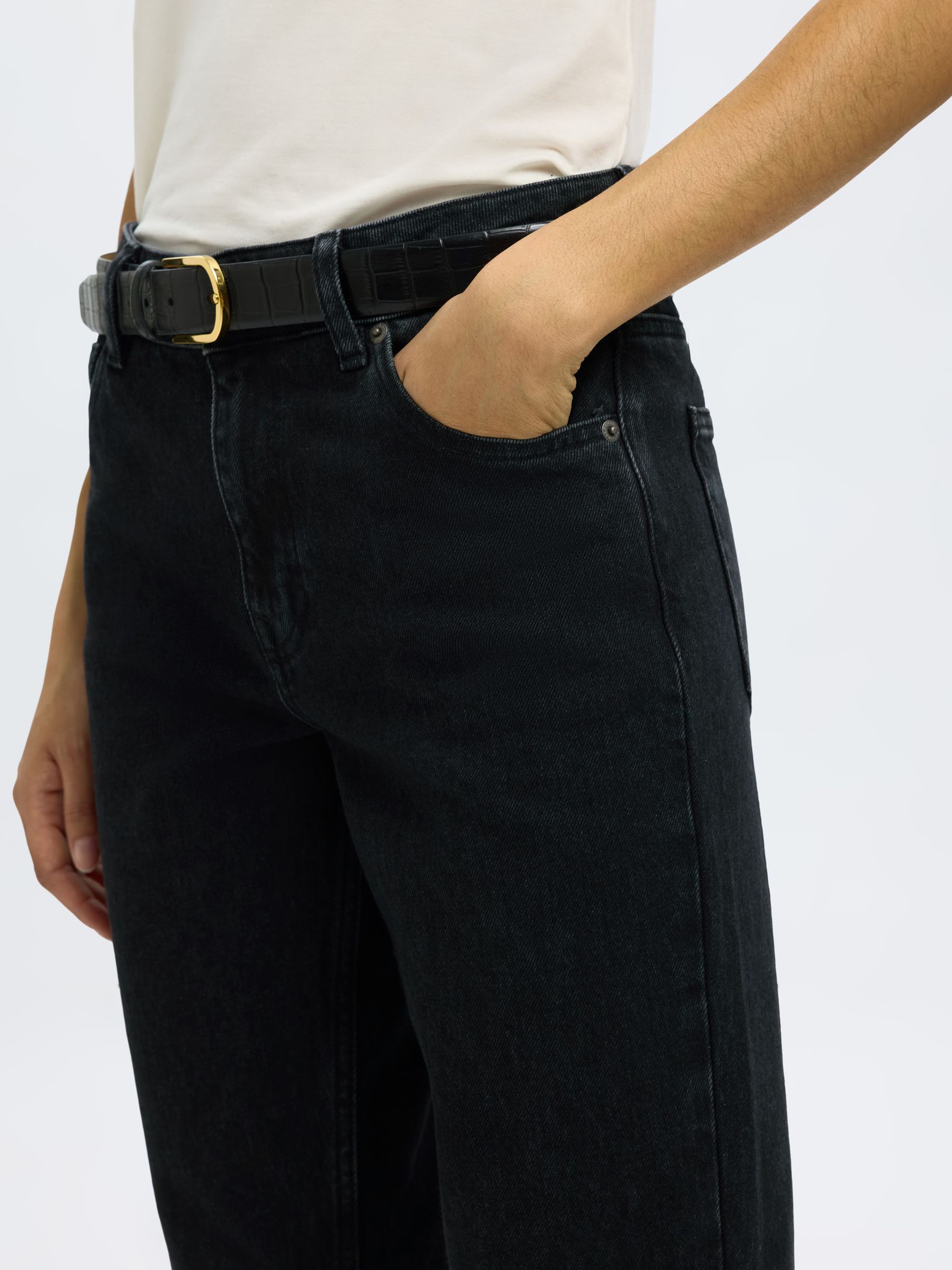 MID WAIST SLIM JEANS MED TAPERED FIT, Black Denim, highres