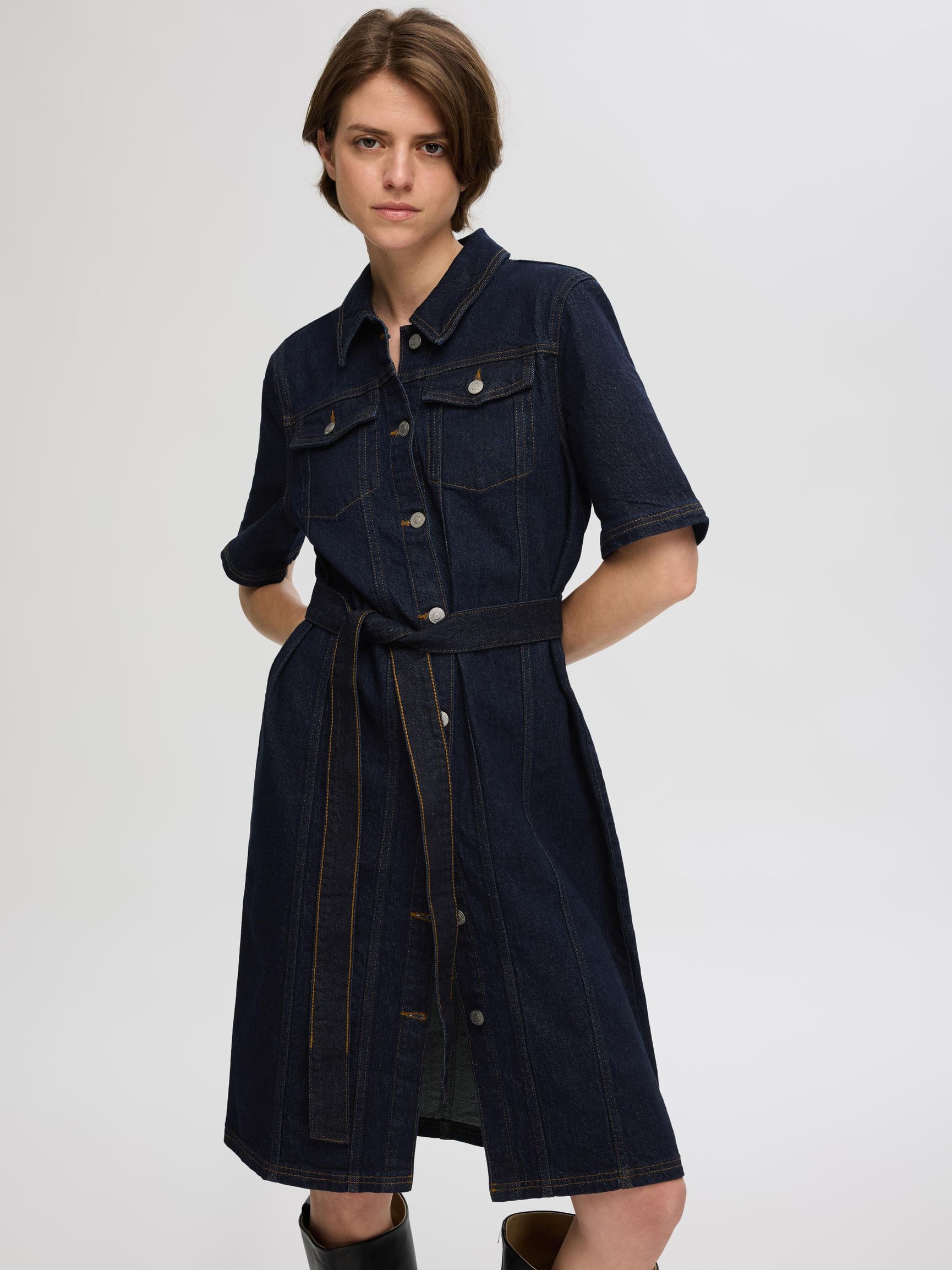 SHORT SLEEVED DENIM DRESS, Dark Blue Denim, highres
