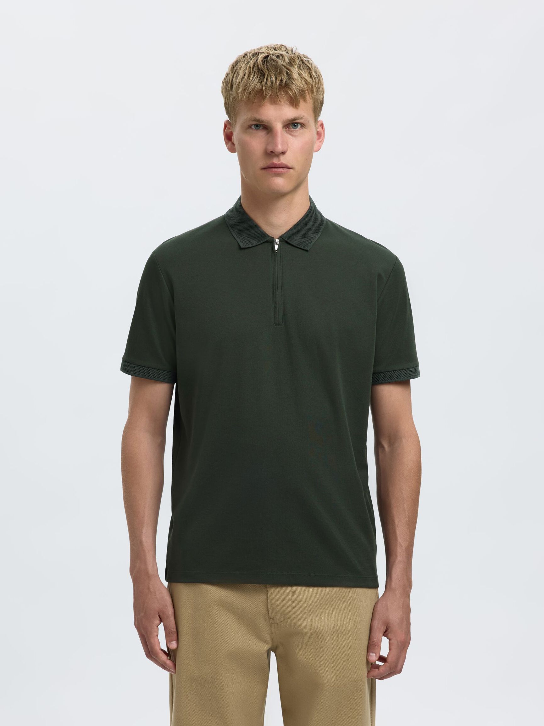 ZIPPER POLO SHIRT, Deep Forest, highres