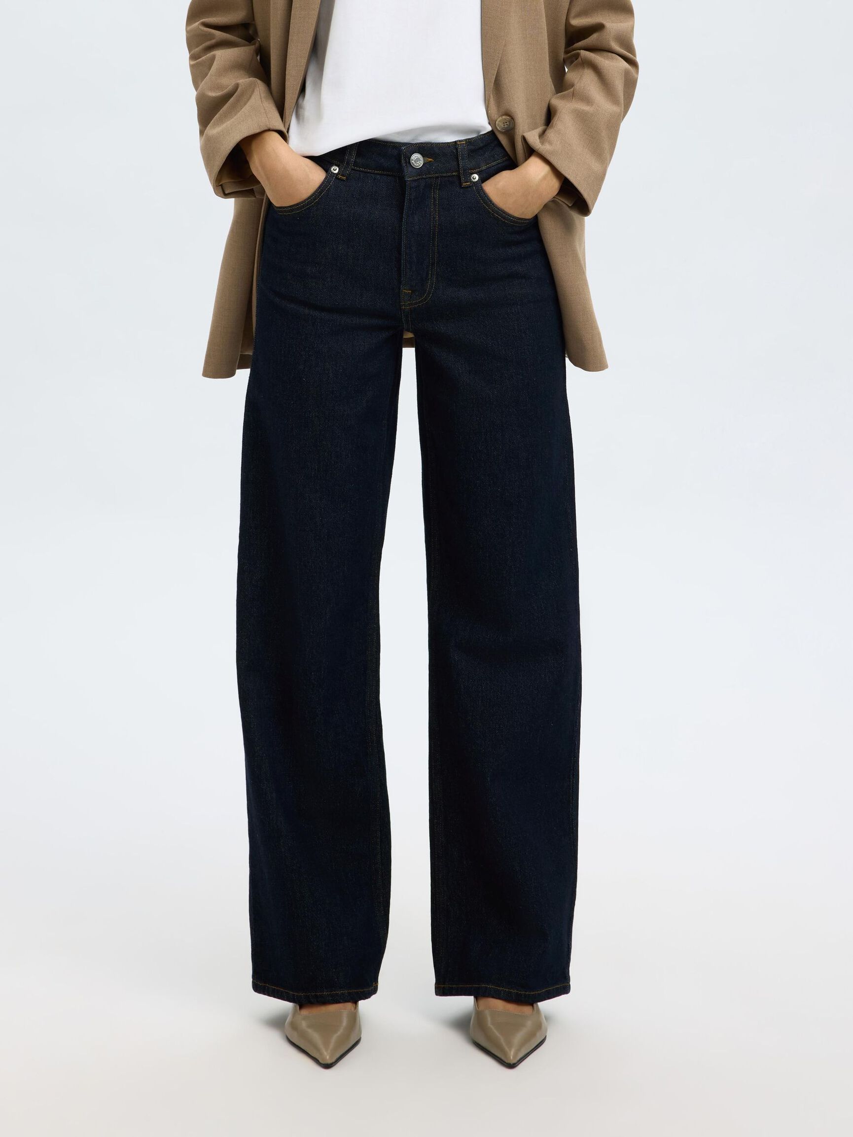 HIGH WAIST WIDE LEG JEANS, Dark Blue Denim, highres