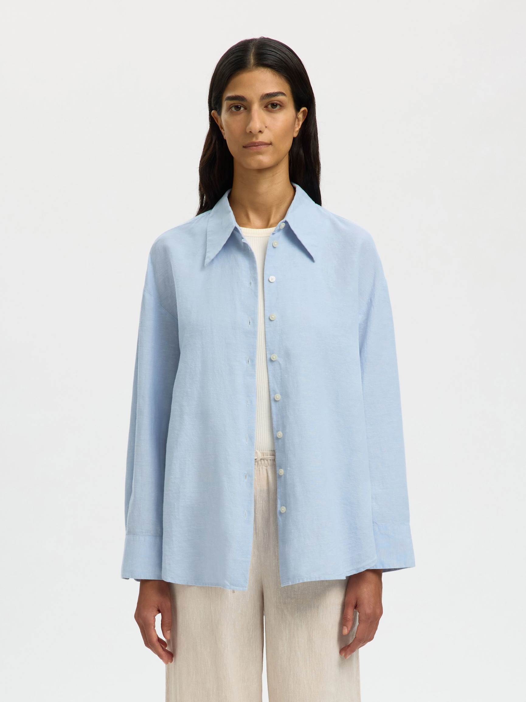 OVERSIZED BLUSE AUS LEINENGEMISCH, Dusty Blue, highres