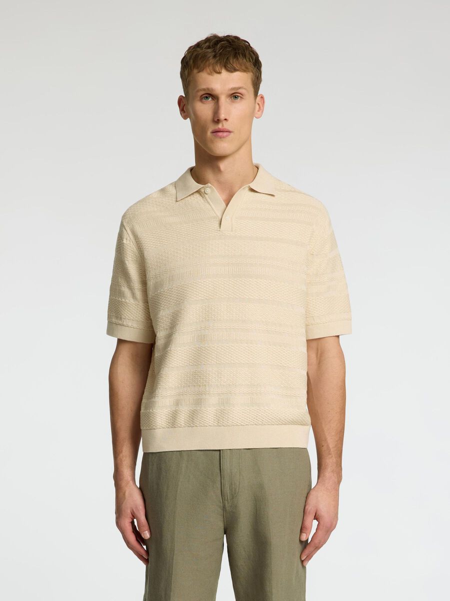 Selected TEXTURED KNITTED POLO SHIRT, Oatmeal, highres - 16097574_Oatmeal_003.jpg