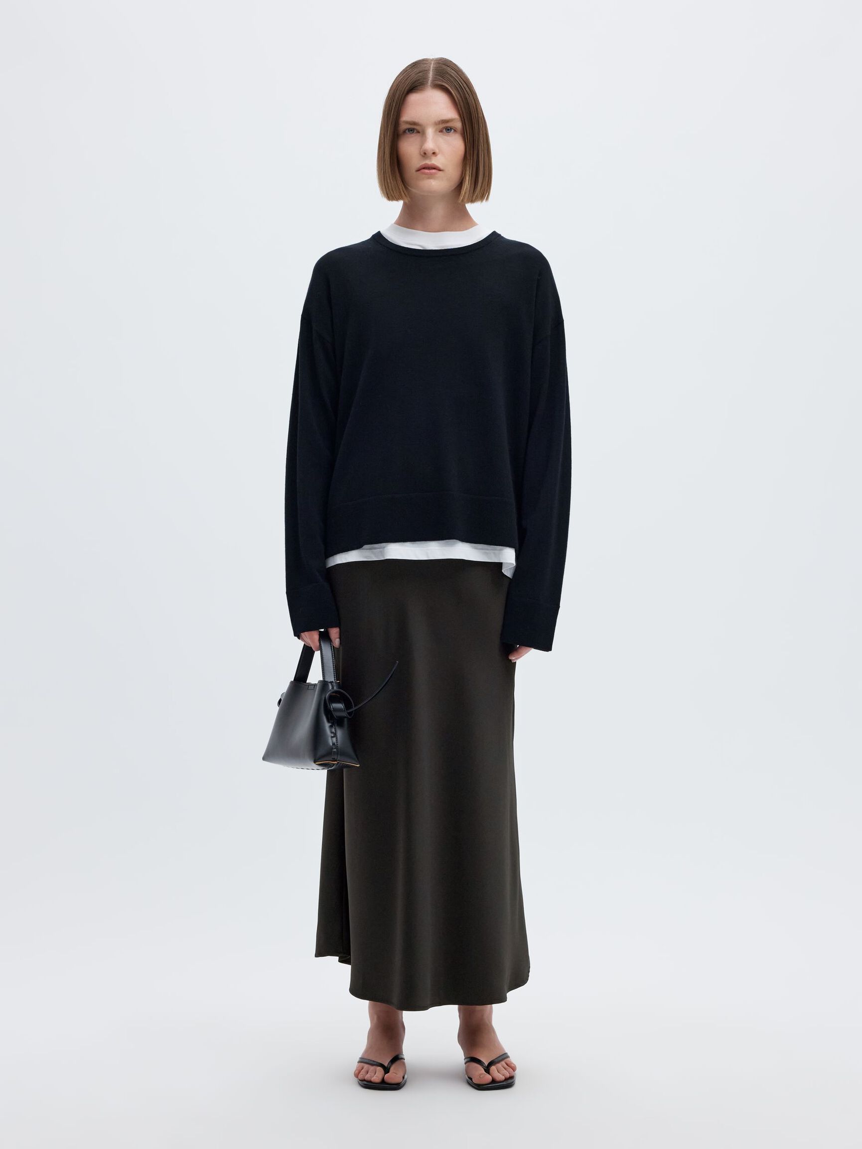 SATIN MIDI SKIRT, Black, highres