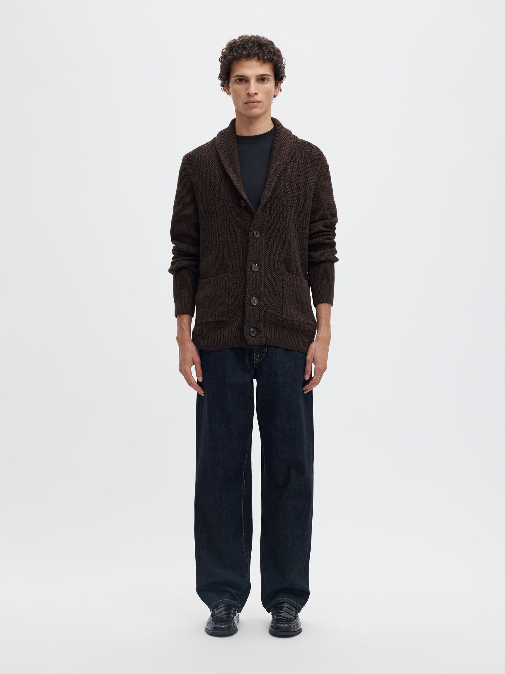 SHAWL-NECK KNITTED CARDIGAN, Chocolate Torte, highres