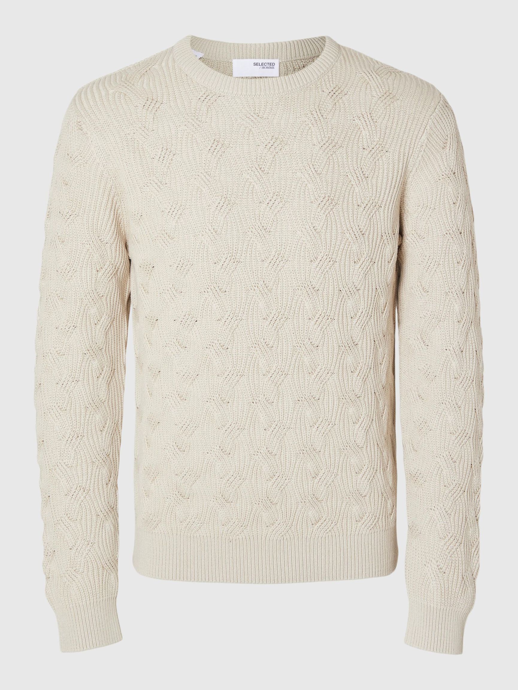 KABELSTRIKK CREW NECK-GENSER, Oatmeal, highres