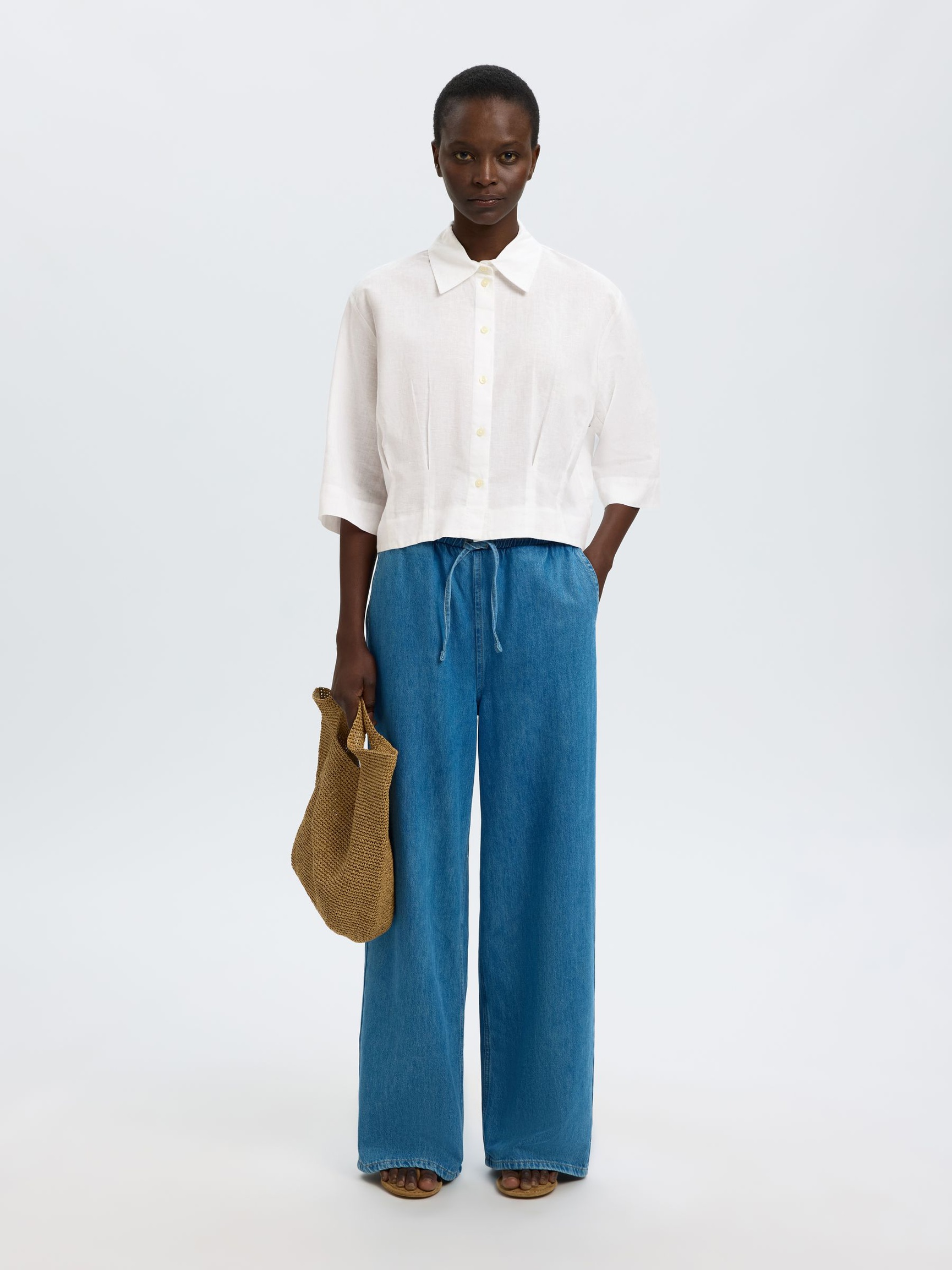 LINEN BLEND SHORT SLEEVED SHIRT, Bright White, highres