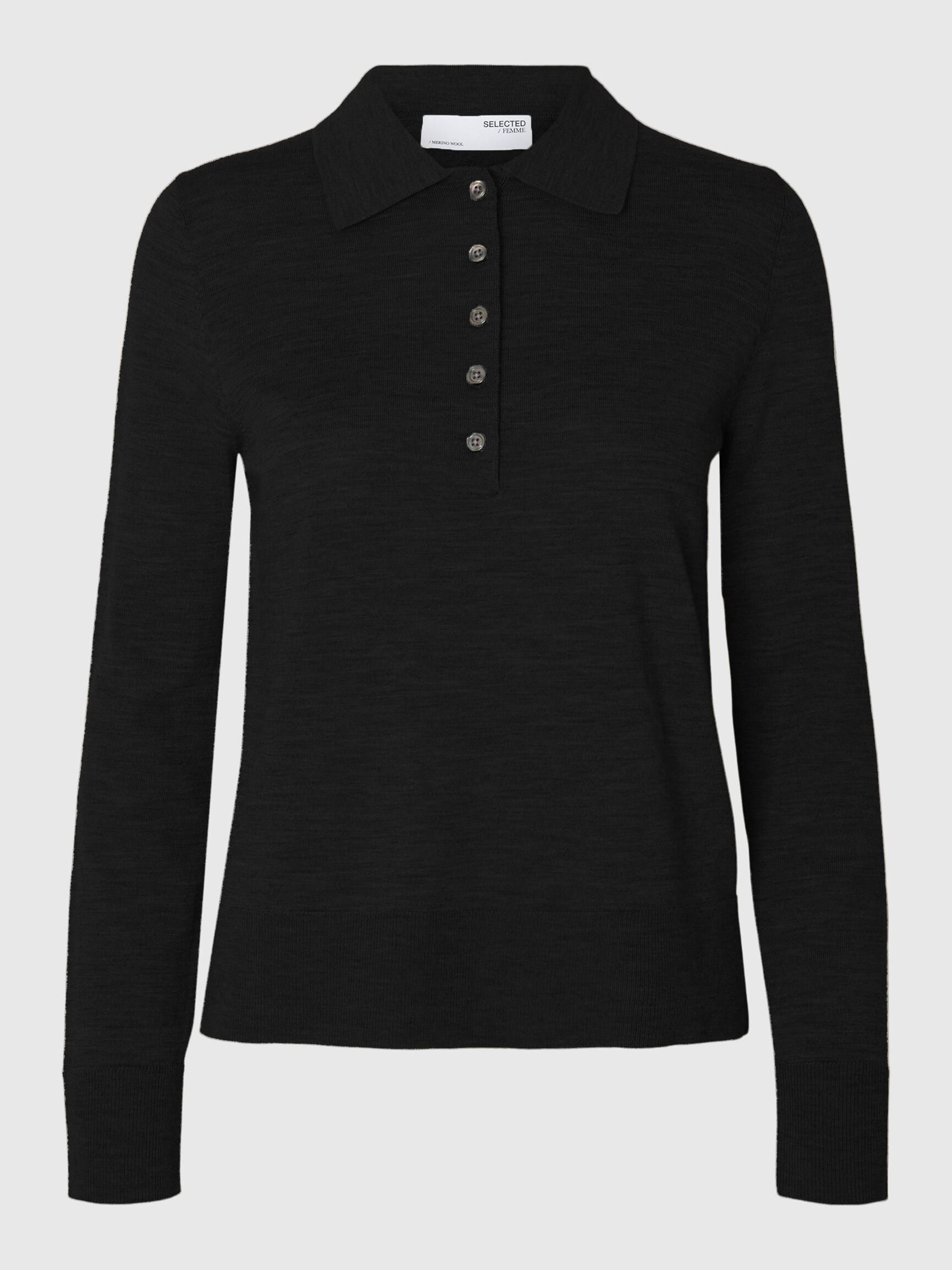 100% MERINOULD STRIKKET POLOSHIRT, Black, highres