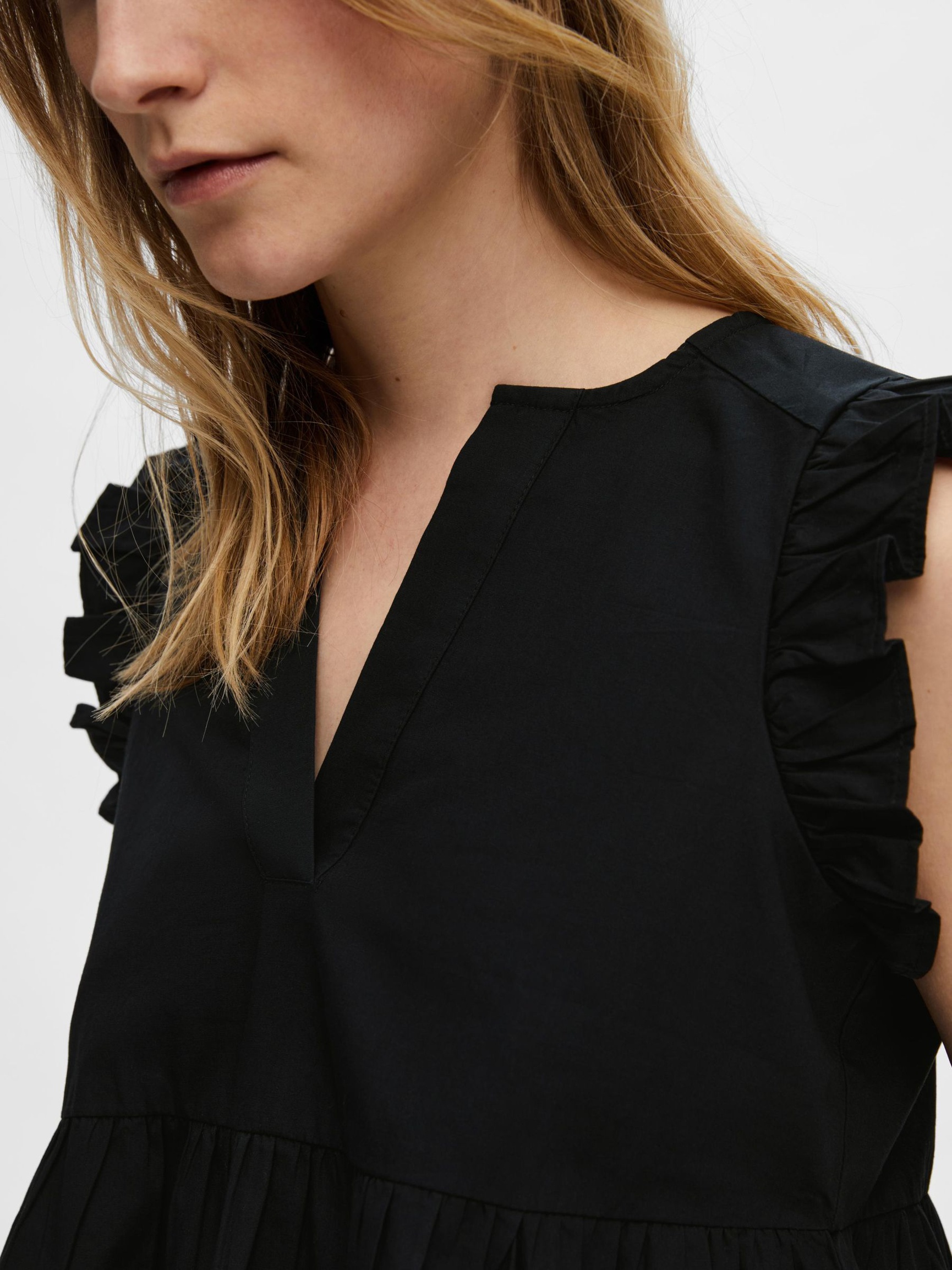 RUFFLED TOP, Black, highres