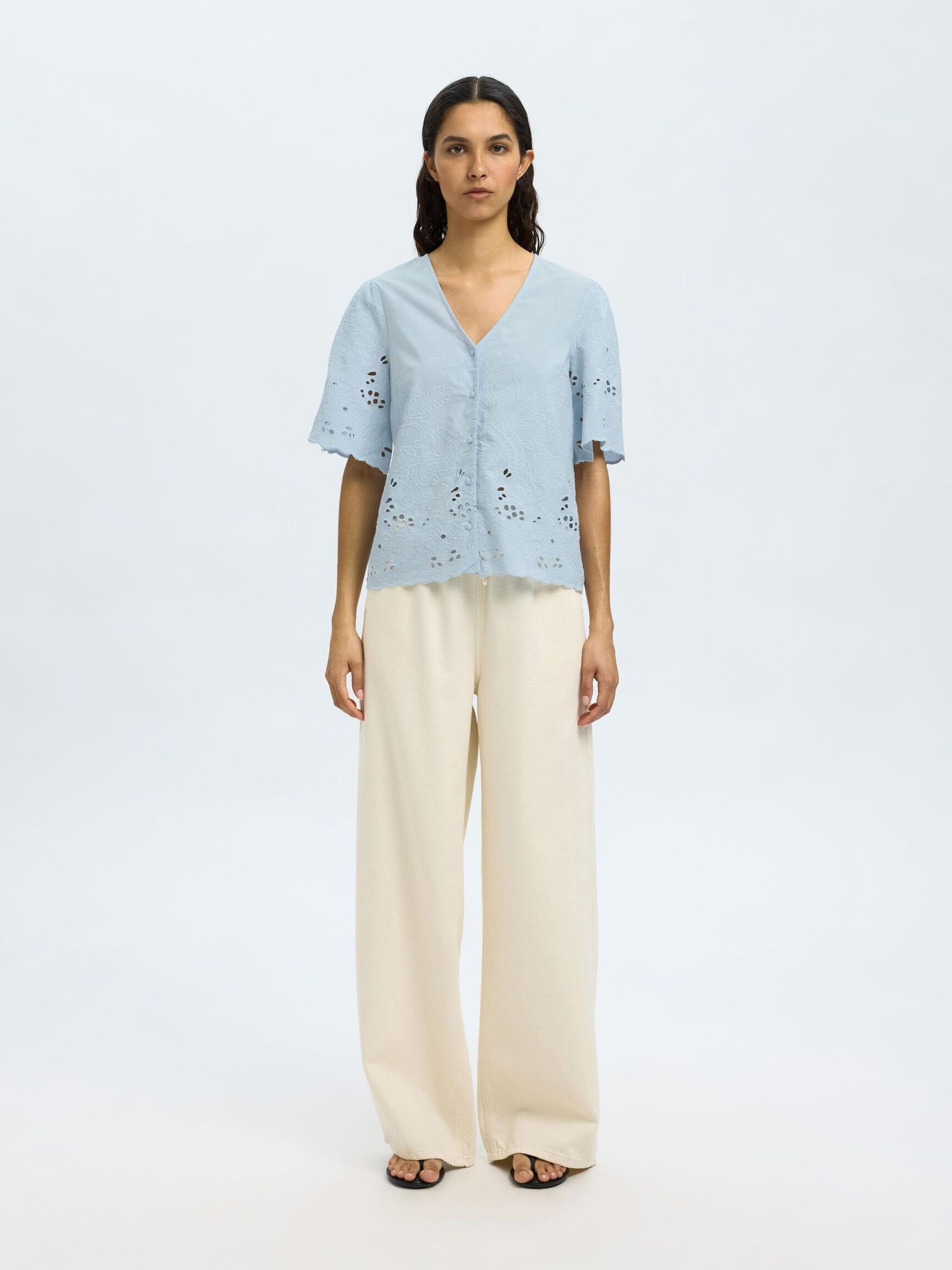 EMBROIDERED SHORT SLEEVED SHIRT, Cashmere Blue, highres