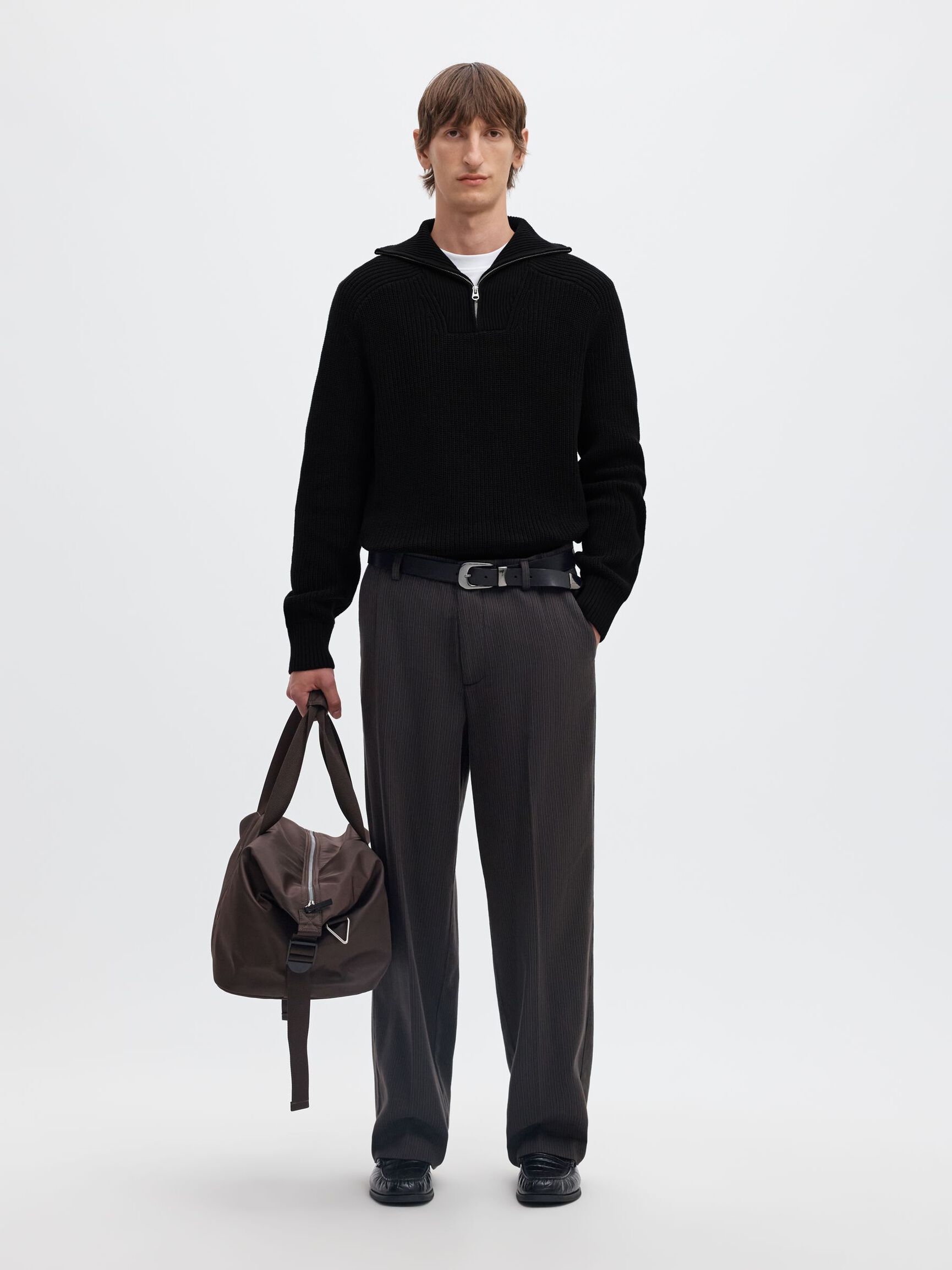RIBBED ORGANIC COTTON HALF-ZIP JUMPER, Black, highres