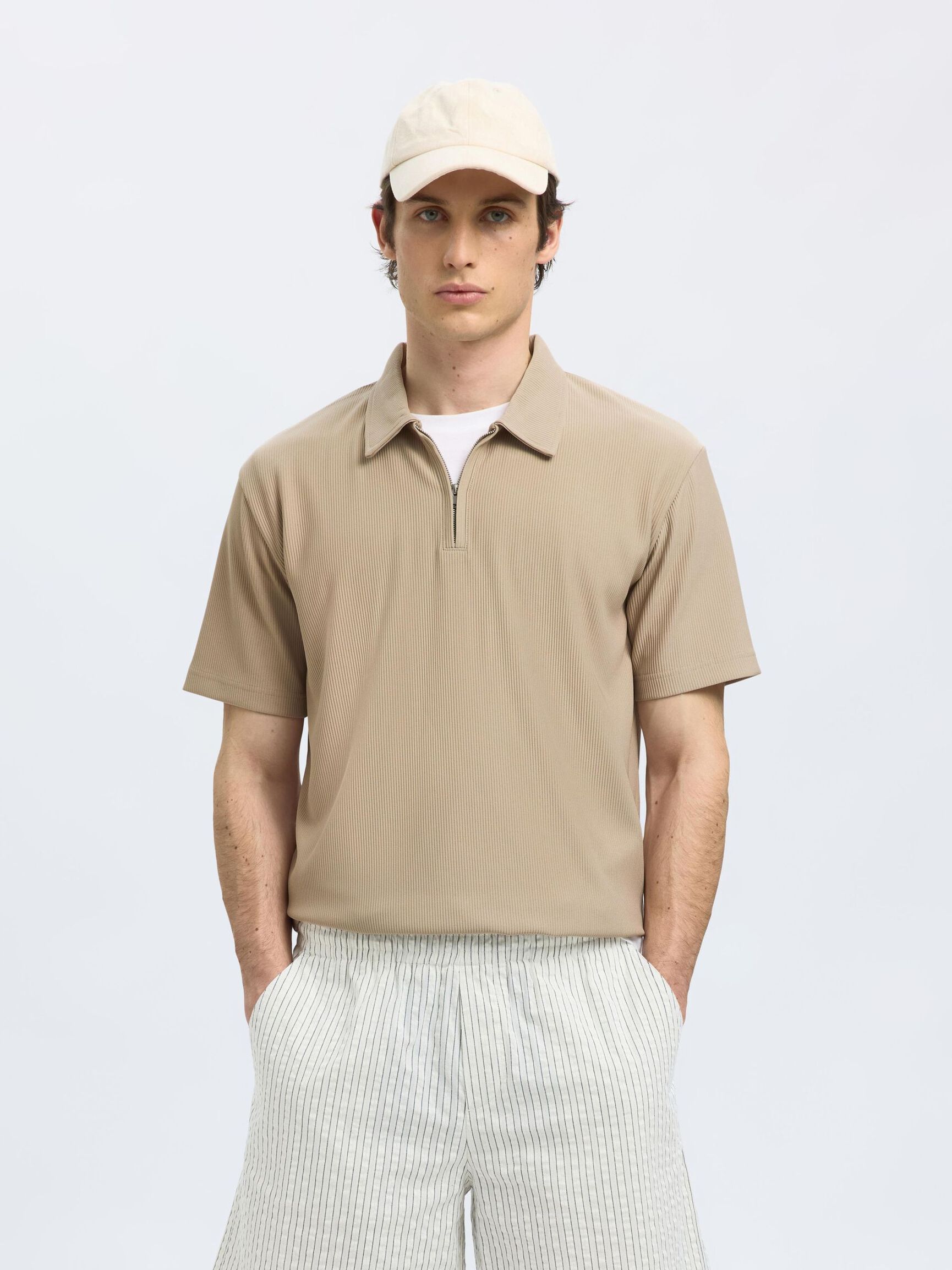 HALF ZIP PLISSE POLO SHIRT, Pure Cashmere, highres